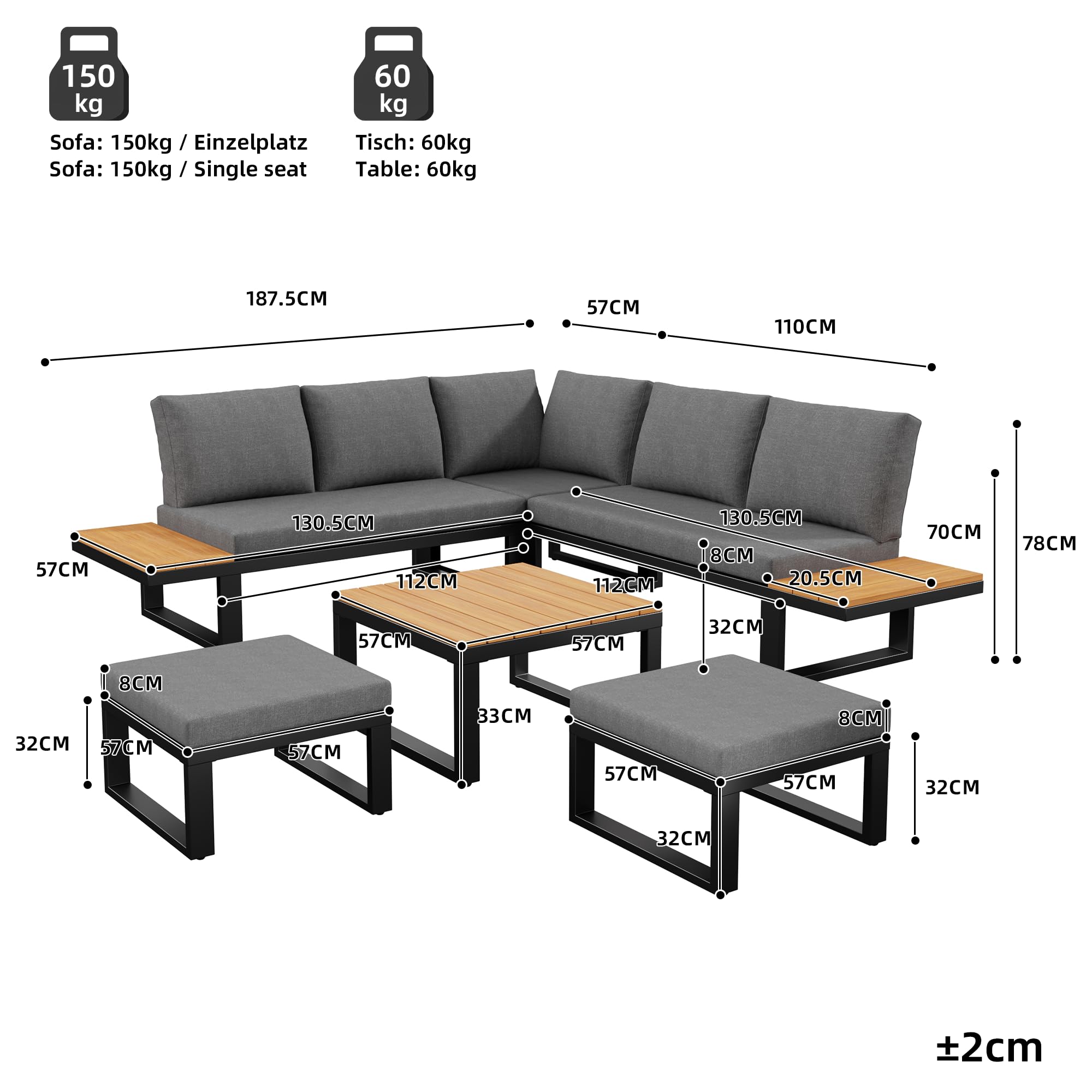 Kebnor Juego de salón de jardín de 6 piezas con respaldo ajustable, sofá esquinero con mesa de café y taburetes, estructura de acero resistente a la intemperie, cojines de asiento en gris/beige, para