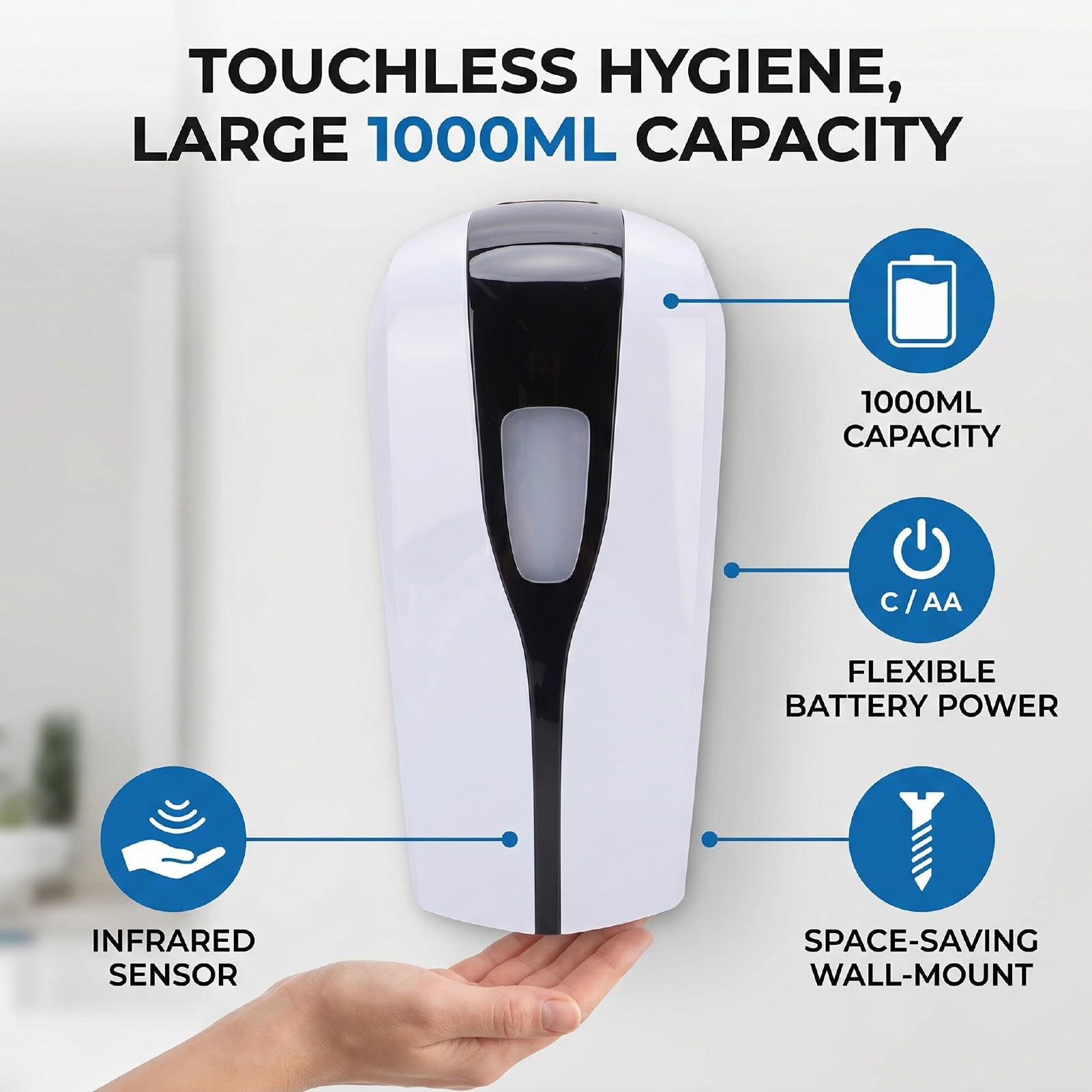 ASHATA Dispenser automatico di sapone liquido, 1000 ml, grande capacità, senza contatto, igienico, per scuole, uffici, case e ristoranti