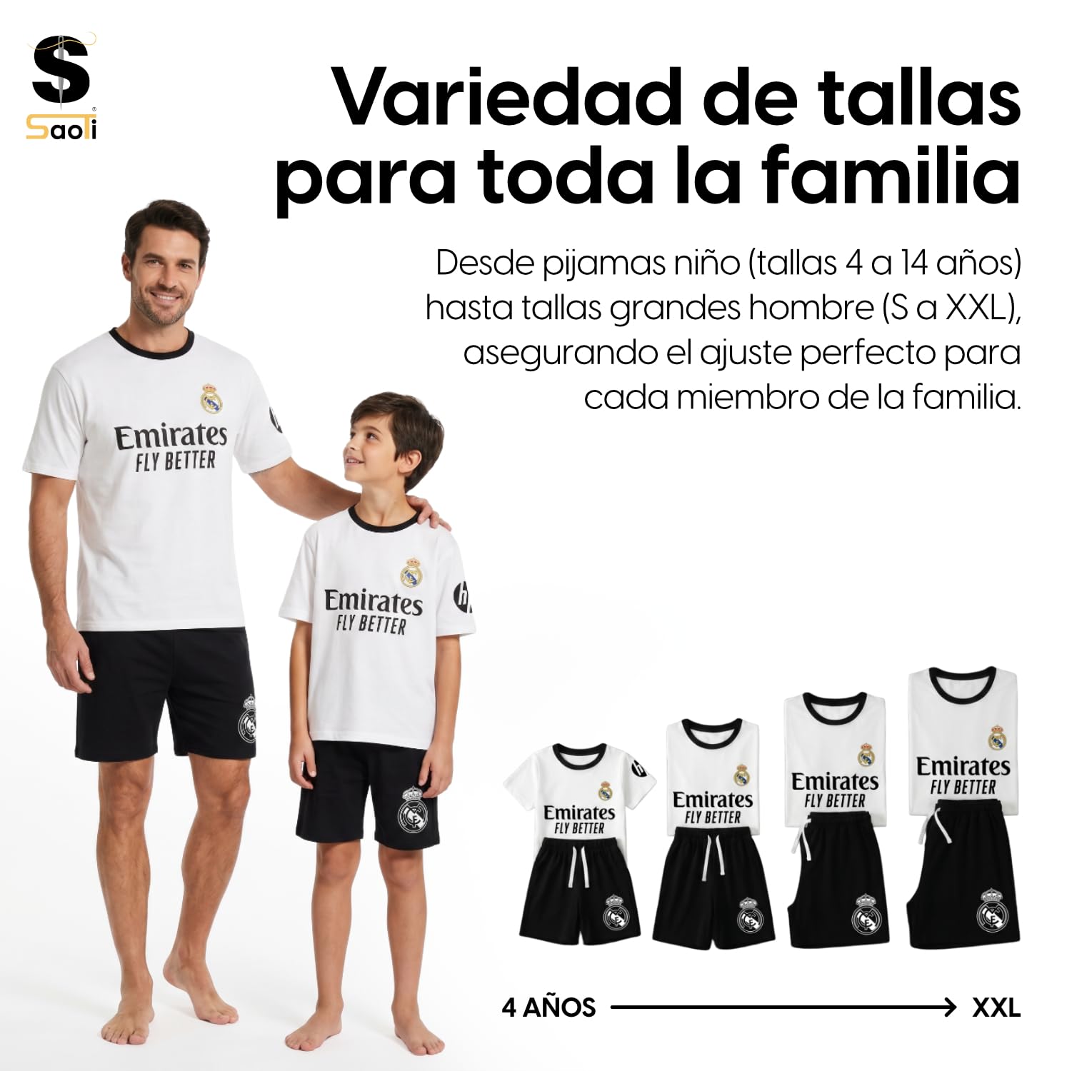 SaoTi Pijama Algodón Niño Madrid Fútbol Camiseta y Pantalón Corto Verano – Pijama Corto Cómodo y Fresco Adulto y Niño – Pijamas Verano Algodón Suave