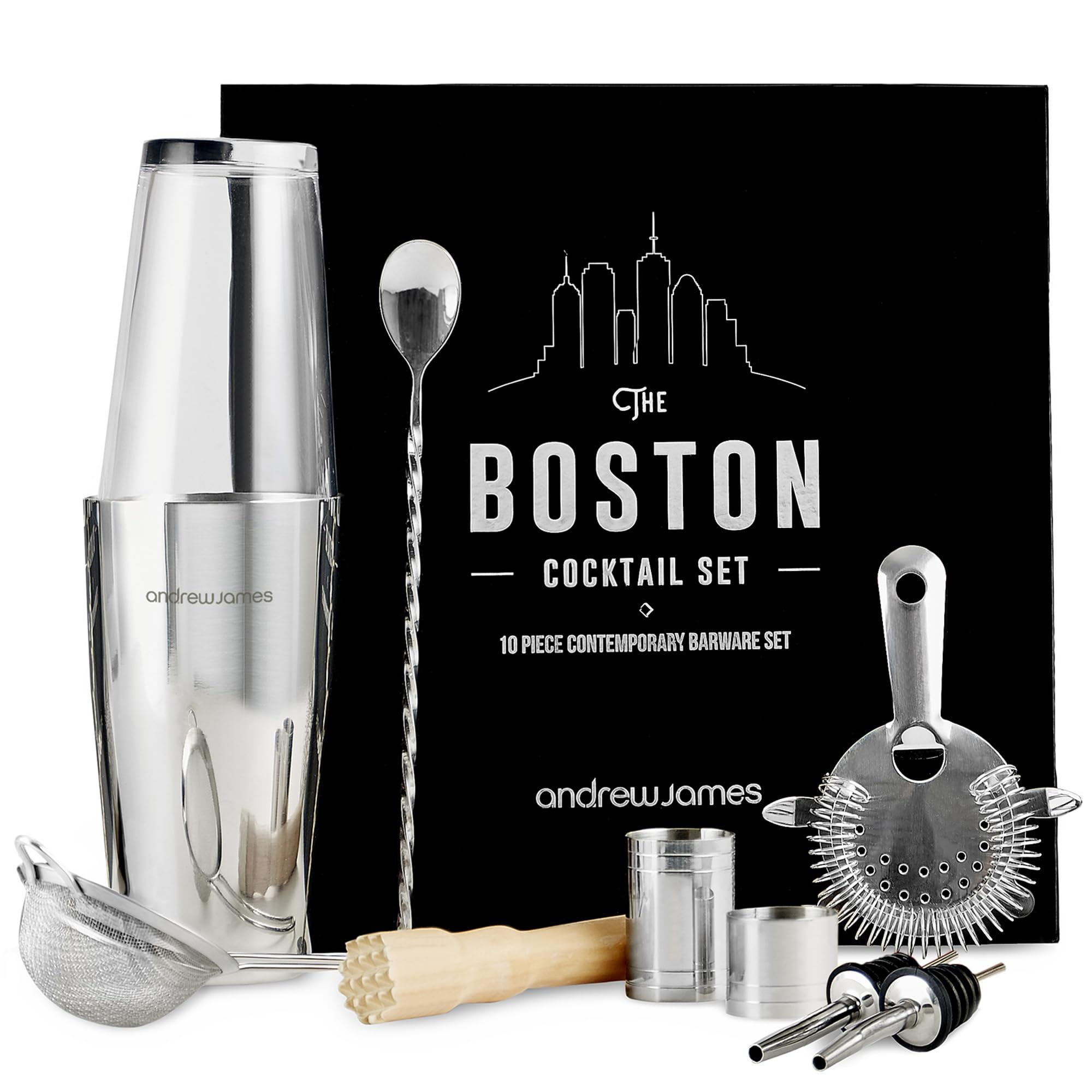 Andrew James Boston Cocktail Shaker Set – Stainless Steel Cocktail Set with 10 Cocktail Accessories, Cocktail Shaker Set & Mocktail Kit with Gift Box – Cocktail Mixer Set & Bartender Tools