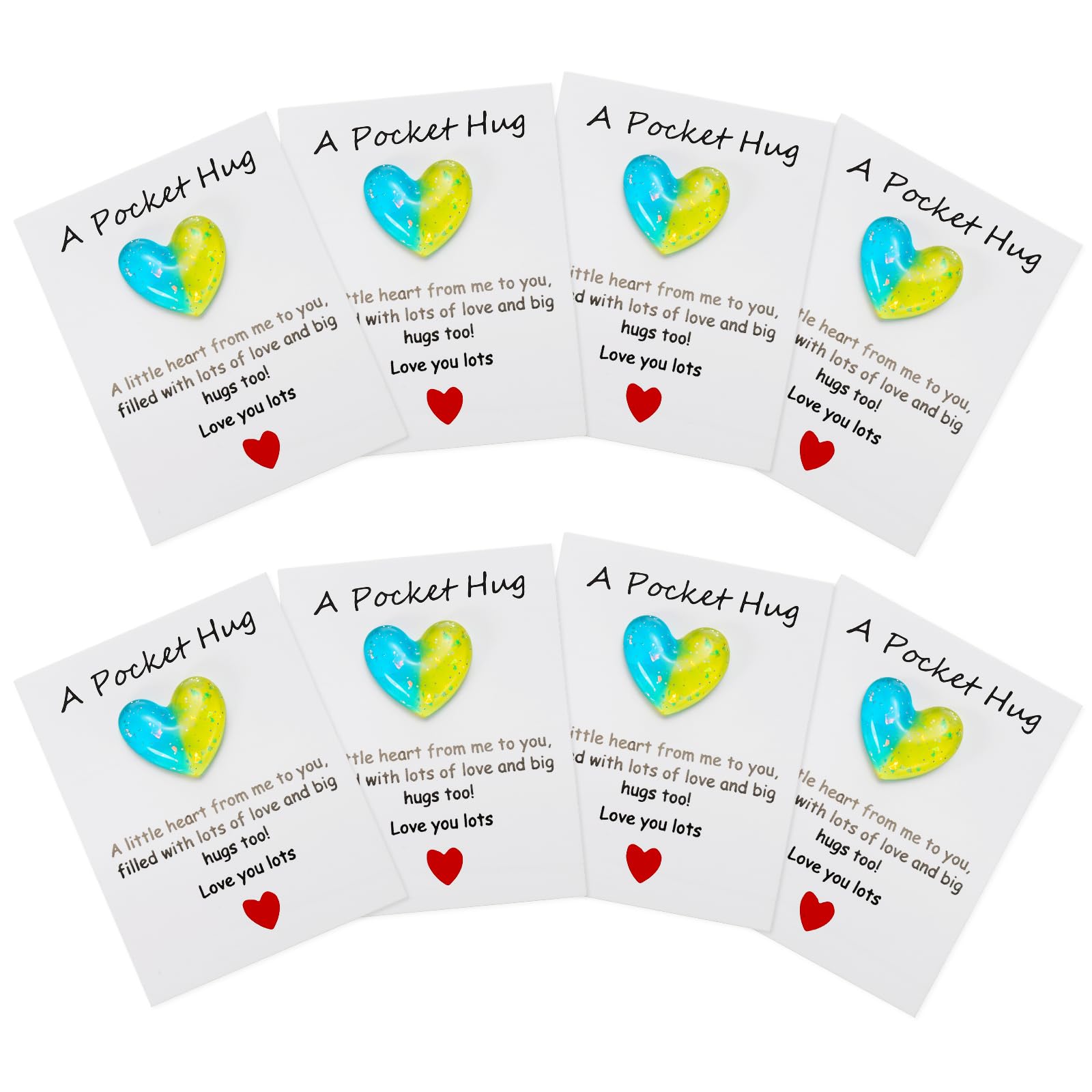PATIKIL 8 Pack Pocket Hug Heart with Greeting Card, Pocket Hug Token Love Cards Cute A Little Resin Heart Shape Bulk for Friends Long Distance Relationship Gifts, Blue Yellow