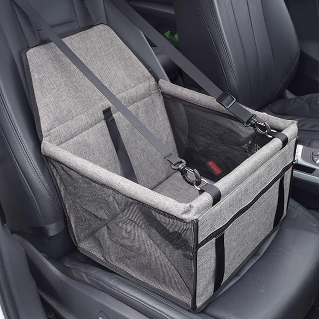 Dog Car Seat Dog Booster Car Seat, Cover Travel Carrier Cage with Clip-On Safety Leash and metal Support Tube, Folding Oxford Breathable Portable Waterproof puppy car seat Grey