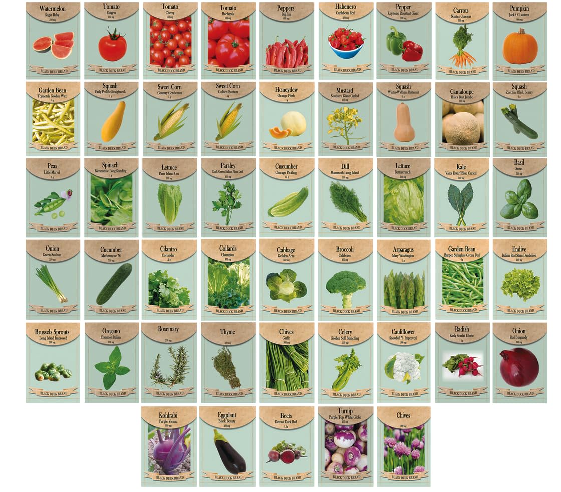 Black Duck Brand 50 Packs Assorted Heirloom Vegetable Seeds 40 Varieties Over 20,000 Heirloom Seeds, Includes Freedom Farms Vegetable Set Mylar Bag for Optimal Seed Storage! 100% Non-GMO