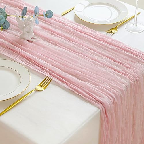 Miniatura 6 de Sioloc Camino de mesa de estopilla rosa claro de 120 x 35 pulgadas, gasa suave, bohemio, decoración de mesa de San Valentín para mesa de 10 pies,