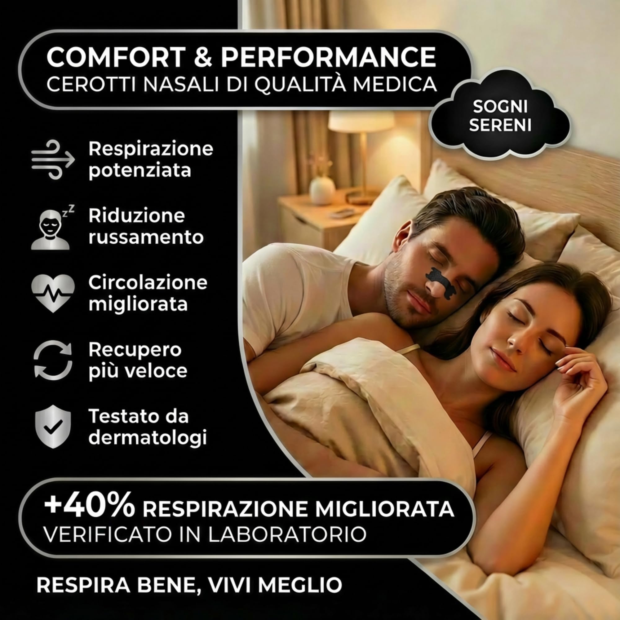 Cerotti Nasali Anti Russamento Uomo e Donna. 30 Cerotti Nasali Antirussamento Qualità Superiore. Cerotti Nasali Sport Respira Bene, Dimensioni Universali. Tenuta extra,Marca Italiana.(Nero)