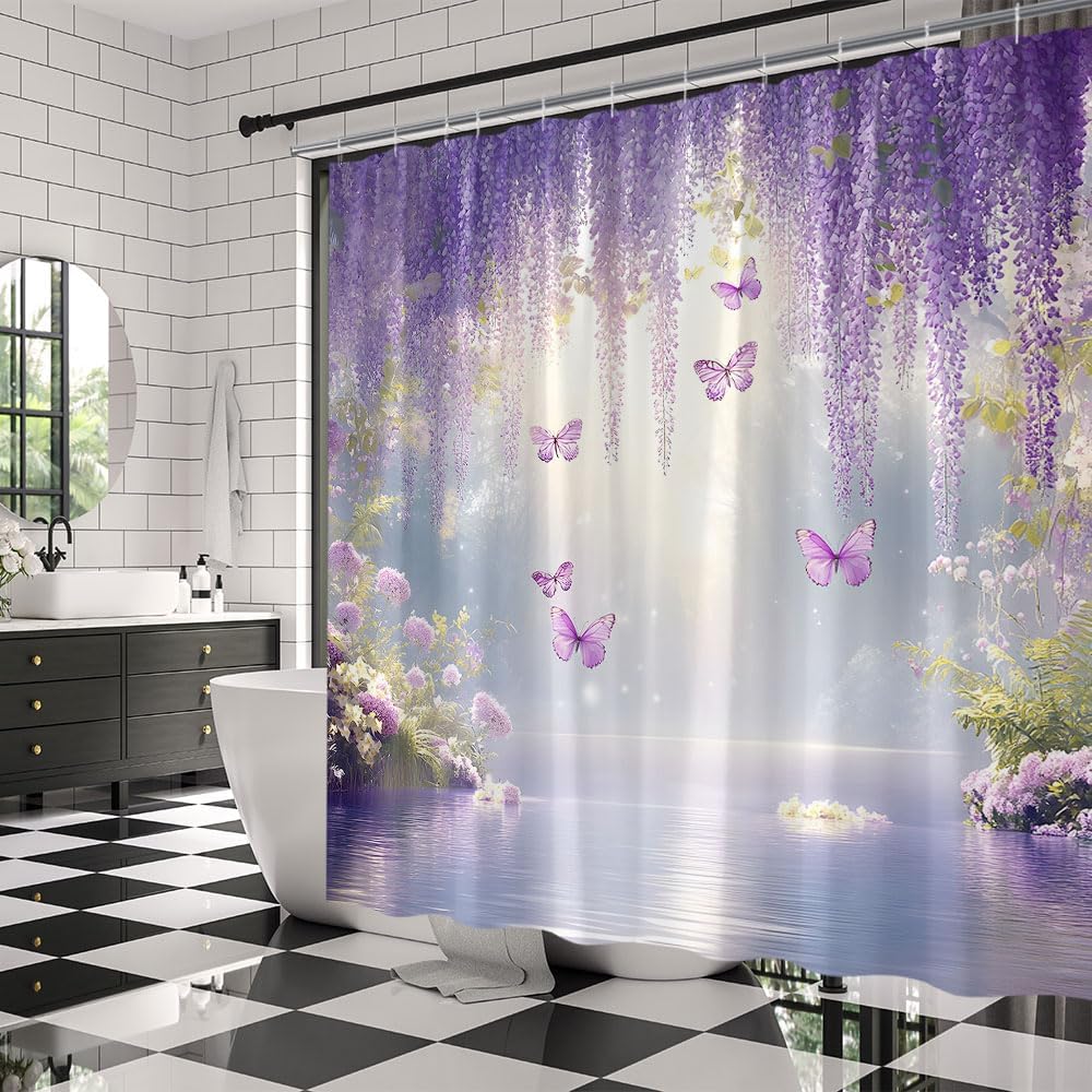 Purple Floral Butterfly Shower Curtain Misty Wisteria Flowers Green Leaves Lake Farmhouse Spring Nature Plant Rustic Fabric Bathroom Decor Curtains with Hooks,70 x 80