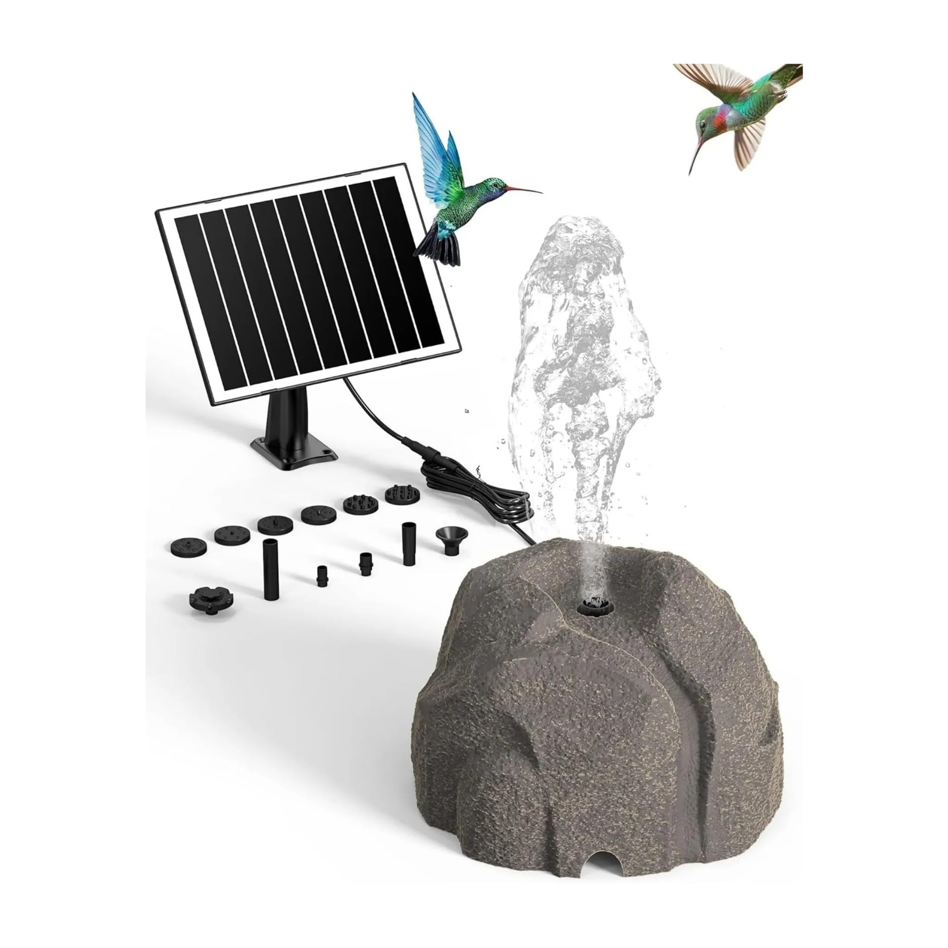 Realistic Granite Rock Solar Bird Bath Fountain, Resin Outdoor Water Fountain for Garden Patio Pond, Solar Powered Birdbath with 10 Nozzles (grey)