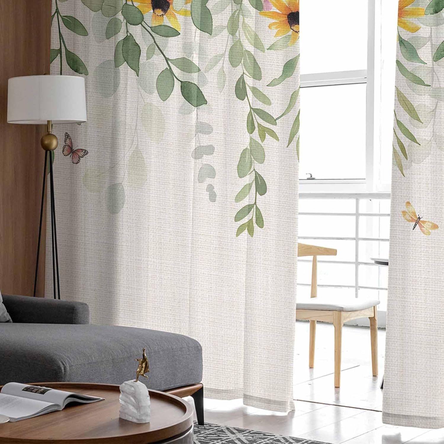 Sunflower Sheer Curtains 84 Inches Long, Plants Eucalyptus Leaf Flowers Window Treatment Panels Light Filtering Rod Pocke Curtain Voile Drapes for Bedroom/Living Room Each 52" W x 84" L