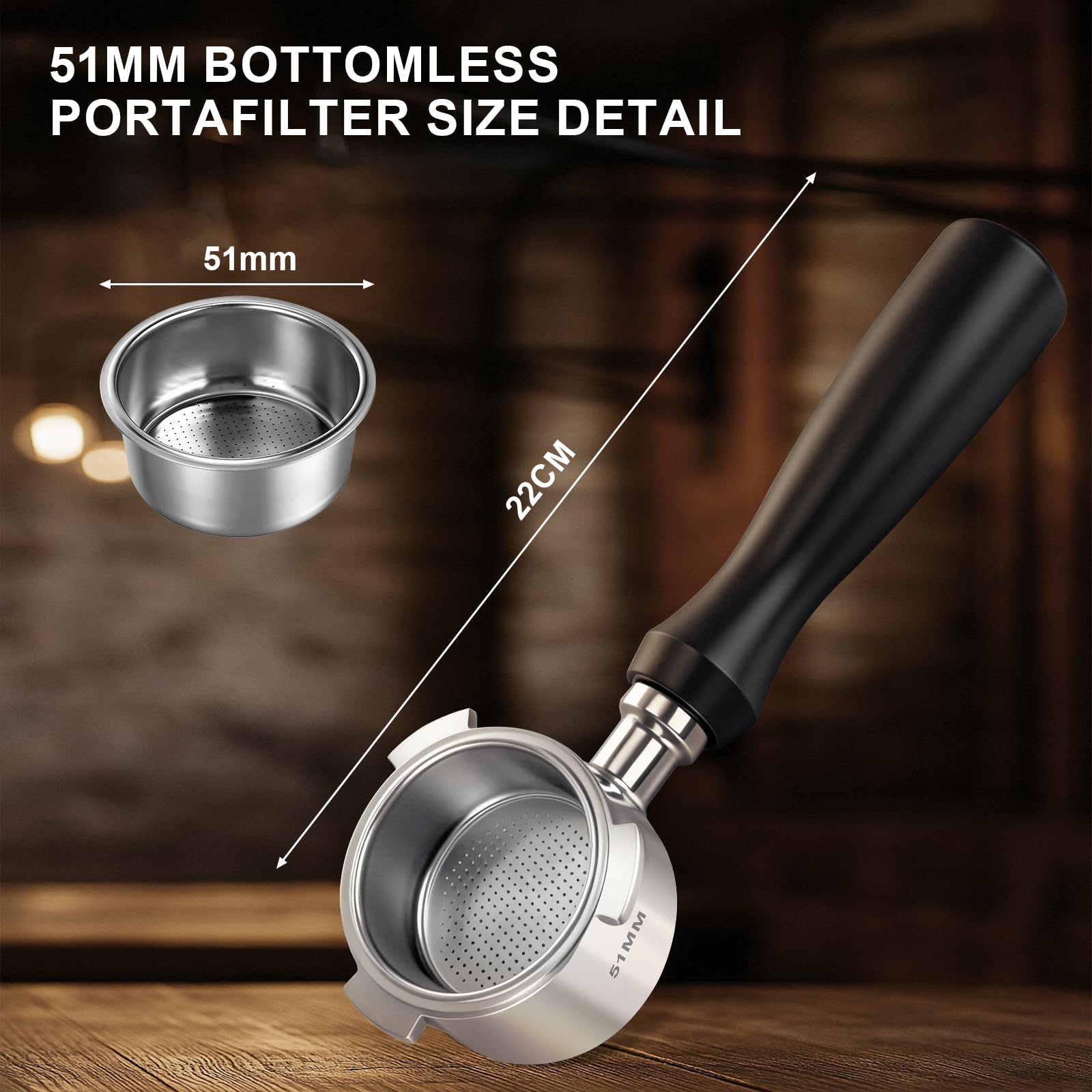 VINATO Portafiltro sin fondo 51 mm – Construcción completamente metálica | Compatible con DeLonghi EC680 / EC685 / EC885 / EC890