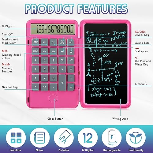 Miniatura 5 de Hion Calculadoras, calculadora de escritorio de oficina de bolsillo recargable de 12 dígitos con tableta de cableado borrable, calculadoras de