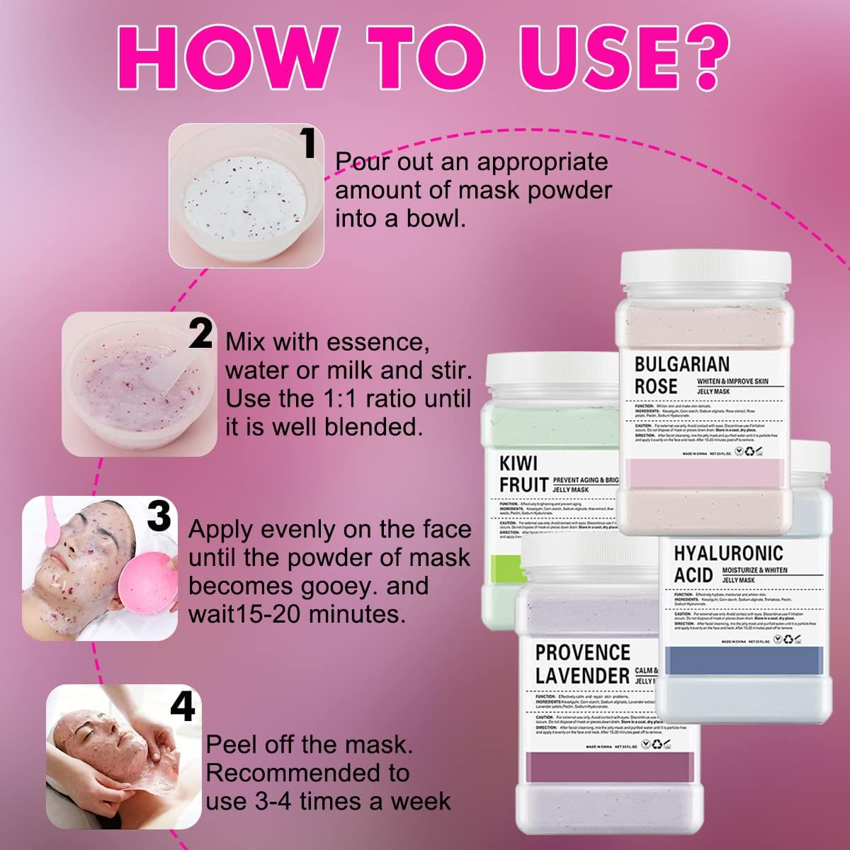 Masque en Poudre pour Soins du Visage, Masque en Gelée Hydratant avec Acide Hyaluronique, Poudre de Hydro Peel-Off Professionnelle pour Combattre Les Ridules
