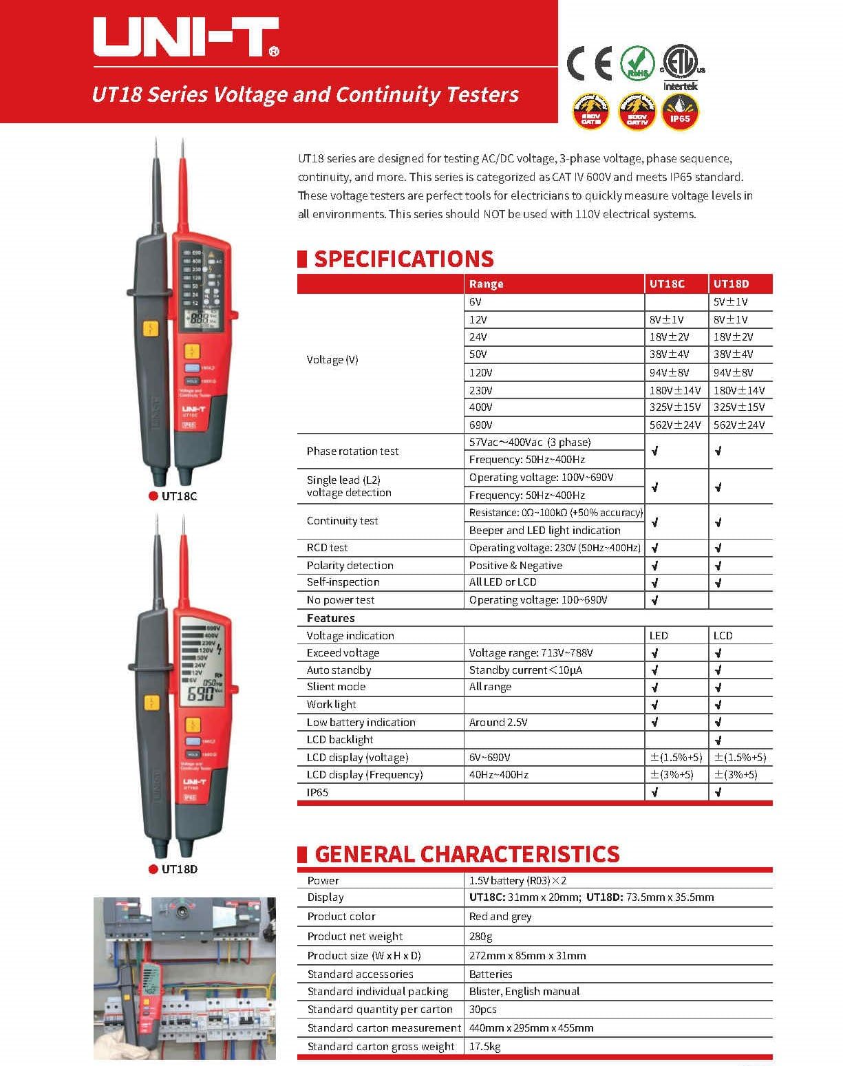 UNI-T UT15B UT15C AC/DC Voltage Tester UT18D UT18C UT18E RCD Handheld Digital Multimeter 690V Display Continunity Voltmeter(UT18C)