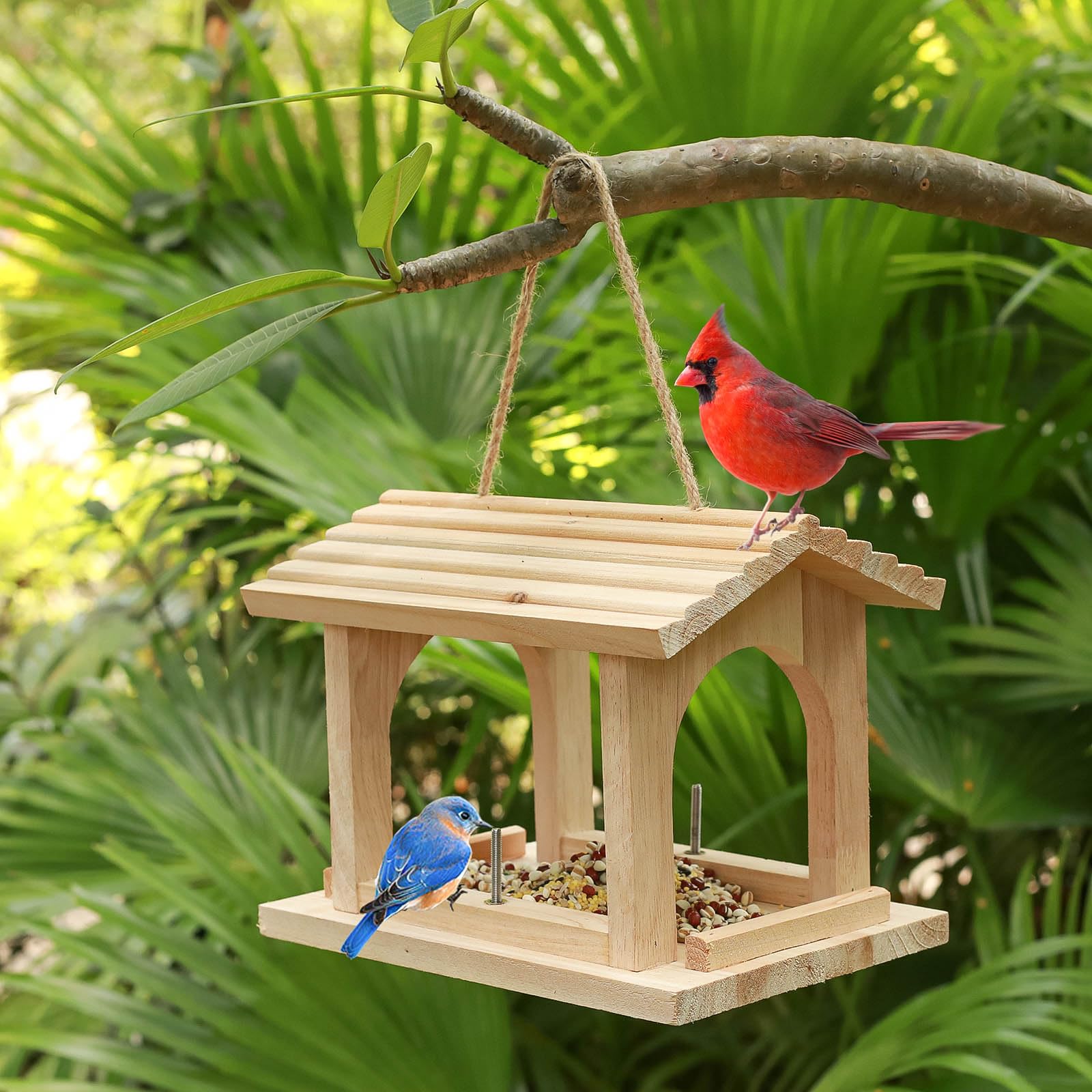 Comedero para pájaros de madera al aire libre, comedero colgante para pájaros, decoración de jardín al aire libre, para pinzones, cardenales, gallinas y gorriones, observación de aves