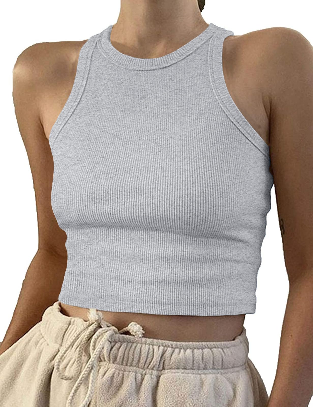 Artfish Women Casual Basic Sleeveless High Neck Rib-Knit Y2k Crop Tank Top