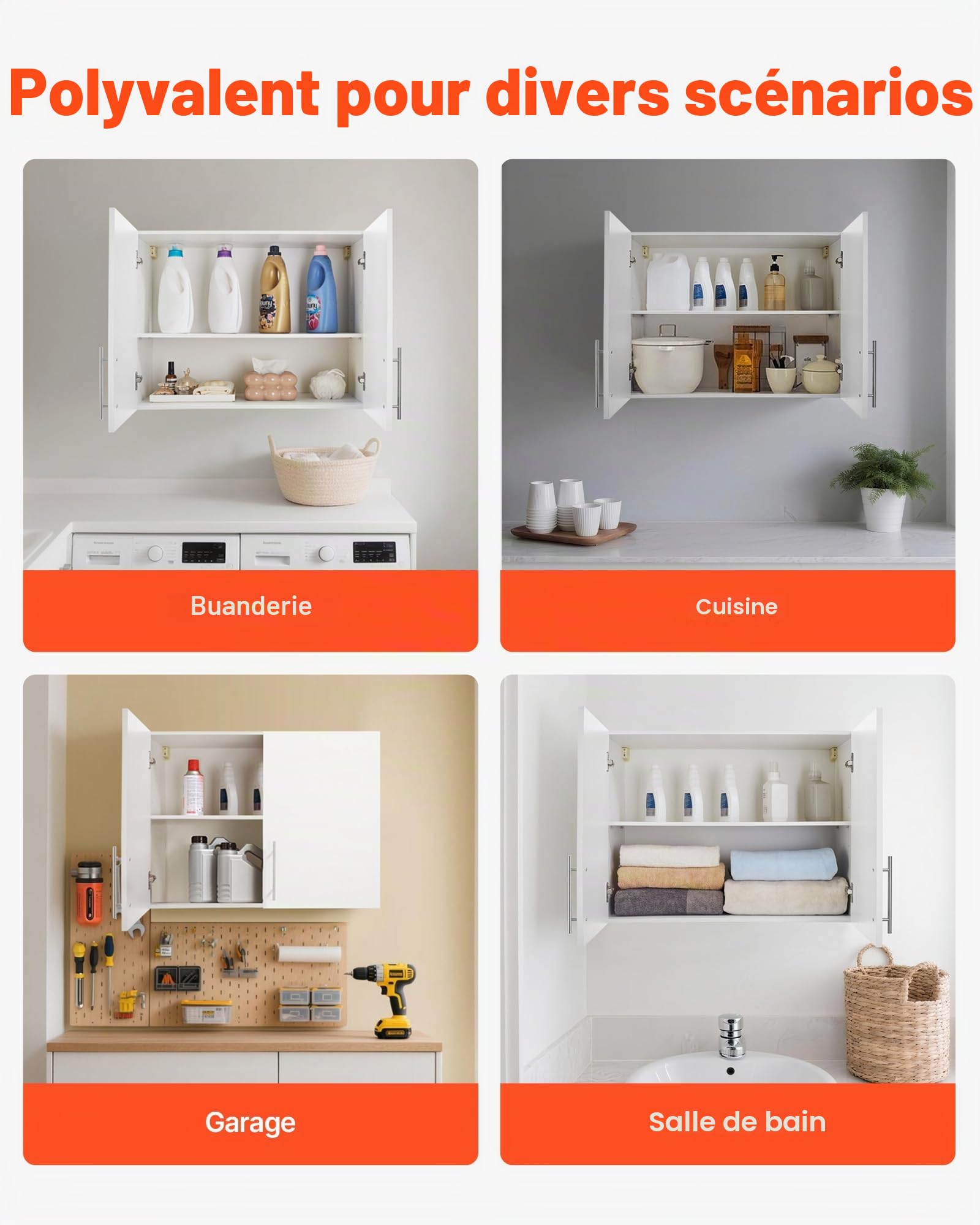 VEVOR Armoire Murale de buanderie à 2 Niveaux, Placard de Rangement Suspendu avec étagère réglable, Meuble de Rangement avec 2 Portes, pour Cuisine, Garage, Salle de Bain, 40,6 x 81,3 x 61 cm, Blanc