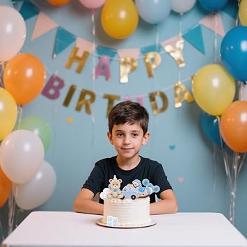Blue Bear Cake Decoration, Cake Topper Set Baby Shower and Birthday Decorations with Bear Rocking Horse Car Letter Block Balloons for Party Decor