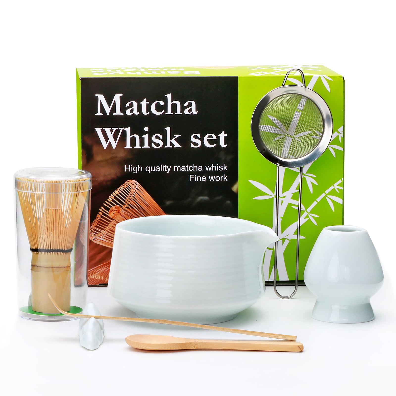 Accguan Matcha Whisk Set 7pcs - Bamboo Ceramic Includes 19 oz Bowl Whisk Spoons Holder Sifter More -