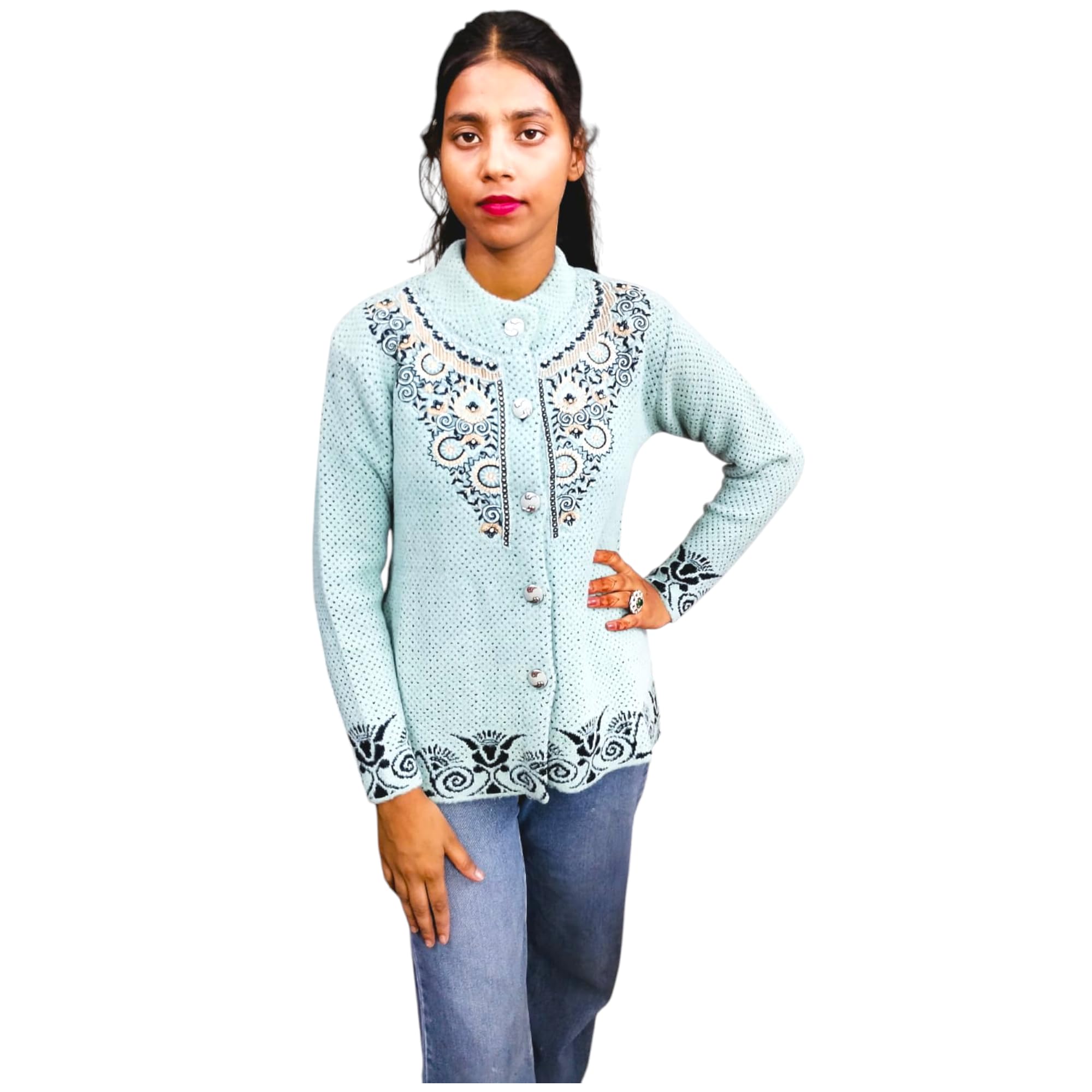 Women's Gray Knit Cardigan with Embroidered Design, Button Front, Long Sleeve-image-39