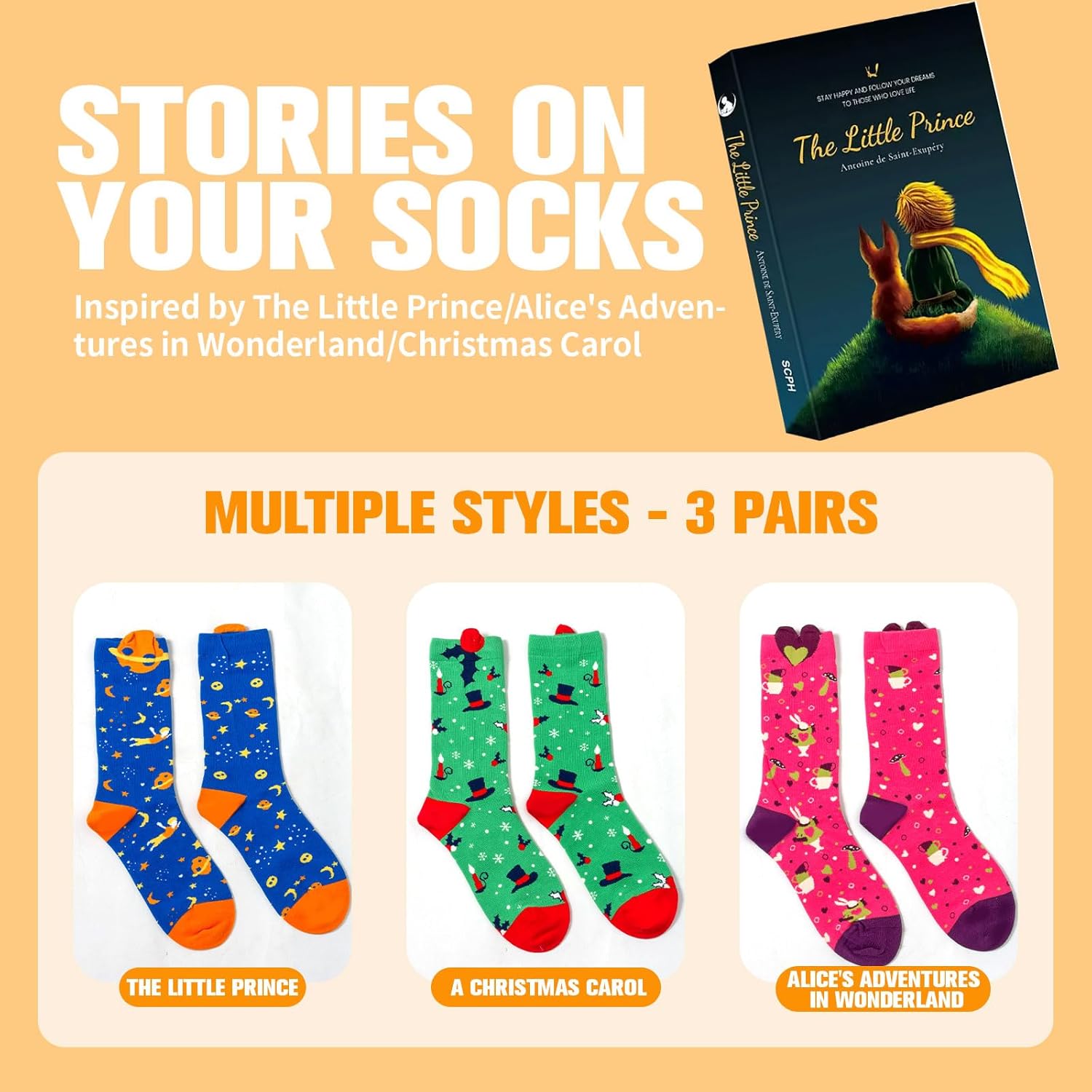 3 Pairs Cute Patterned Socks Warm Crew Socks, Literary Novelty Crew Socks with Gift Bag - Image 3