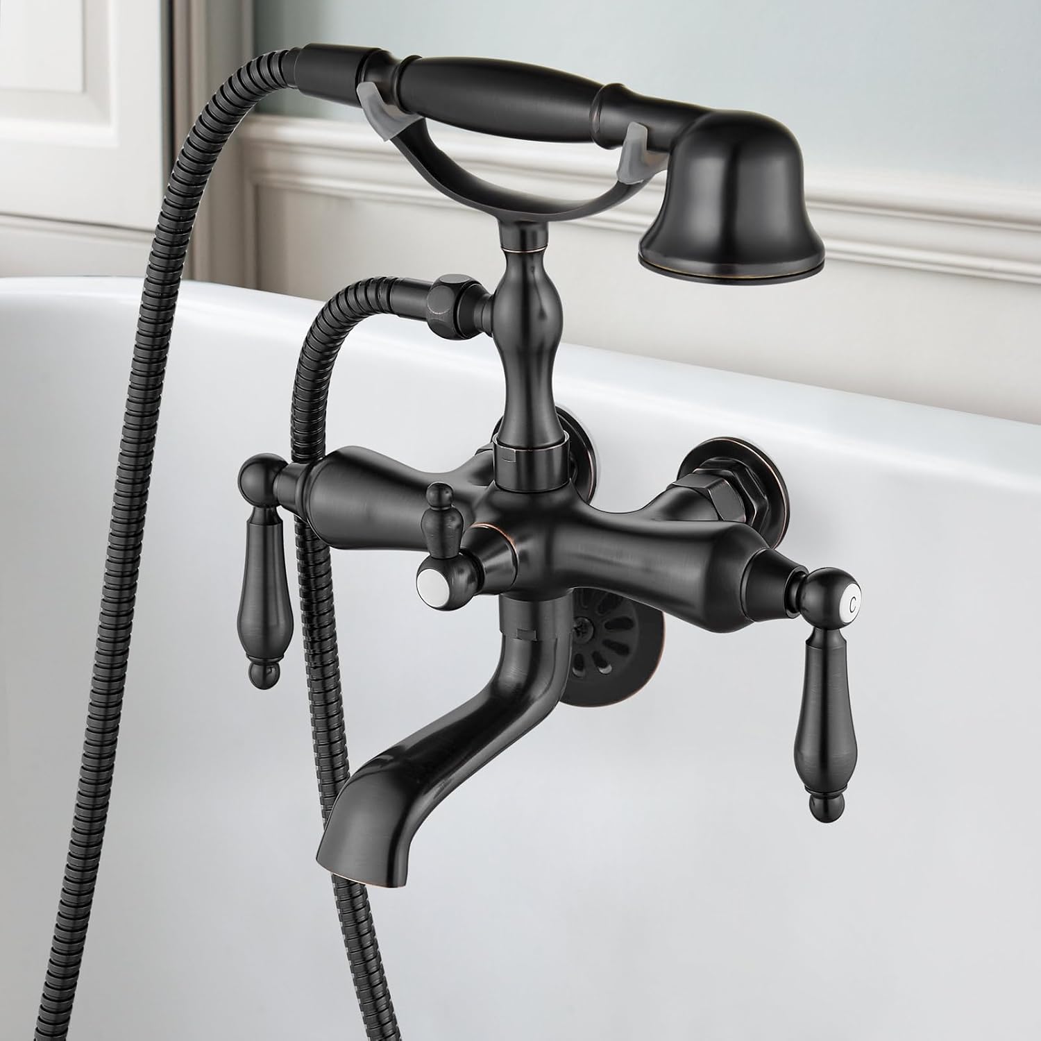 gotonovo 3 3/8 Vintage Bathtub Filler Wall Mount Clawfoot Tub Faucet Shower Kit with Handheld Shower 2-Functions Double Level Handle Vintage Telephone Handheld Shower Oil Rubbed Bronze