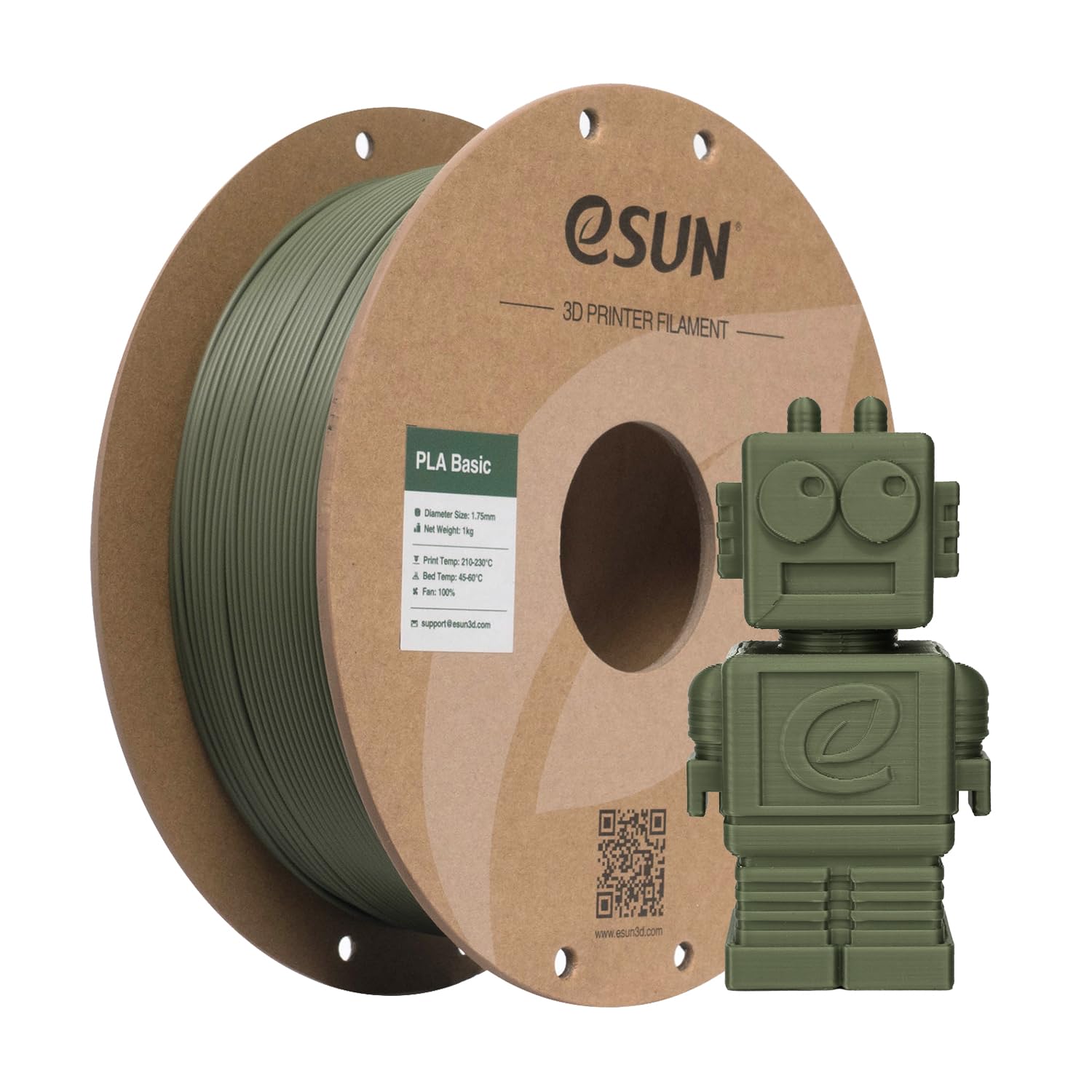 eSUN Filamento PLA 1,75 mm, filamento di Basic PLA per stampanti 3D Precisione dimensionale +/- 0,05 mm, bobina da 1 kg (2,2 libbre) Filamento PLA veloce per stampanti 3D, Verde oliva
