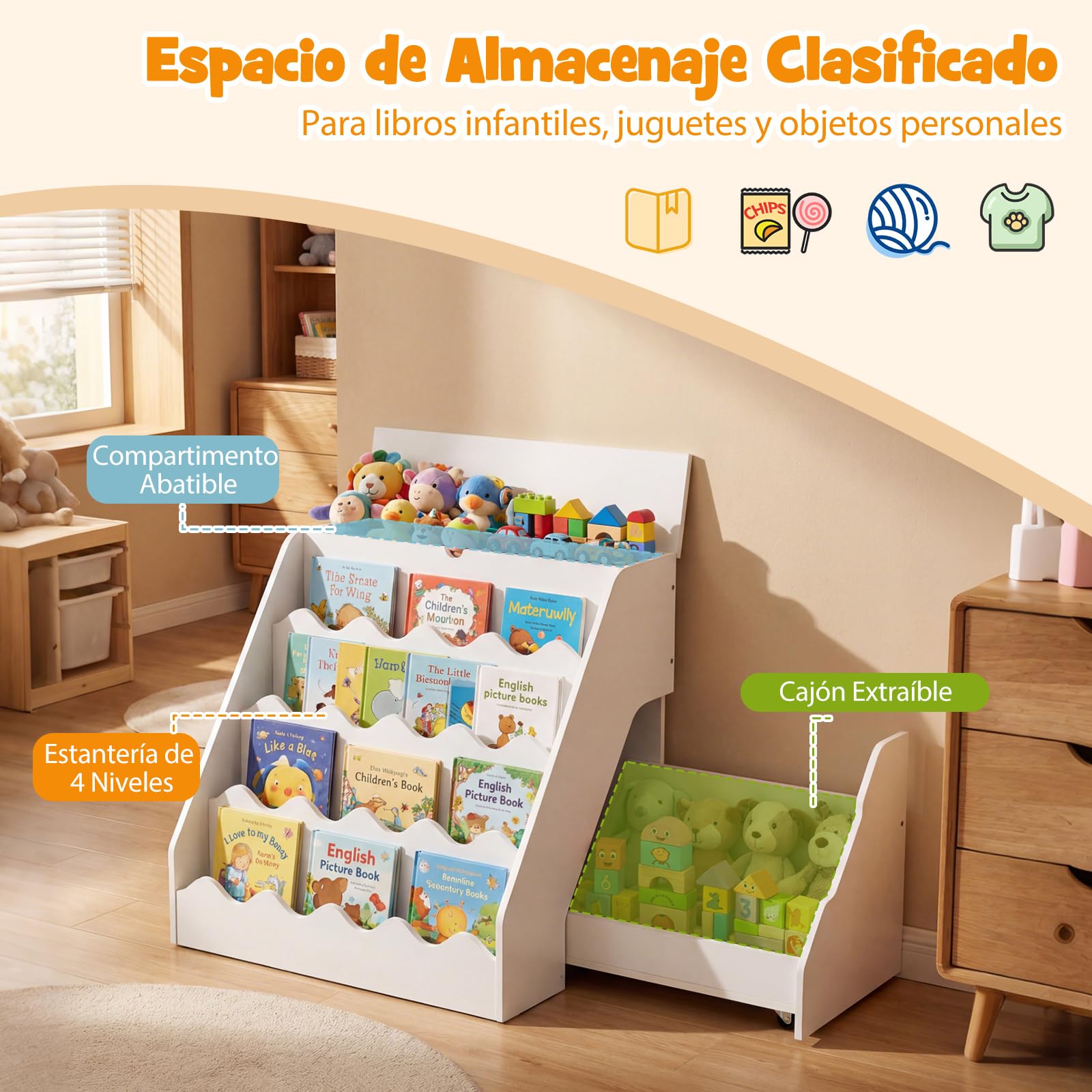 COSTWAY Librería Infantil de 4 Niveles, Organizador de Juguetes con Estantes Abiertos, Cajón Rodante Extraíble, Caja con Tapa Abatible, Estantería Madera para Niños Sala de Juegos Guardería (Blanco)