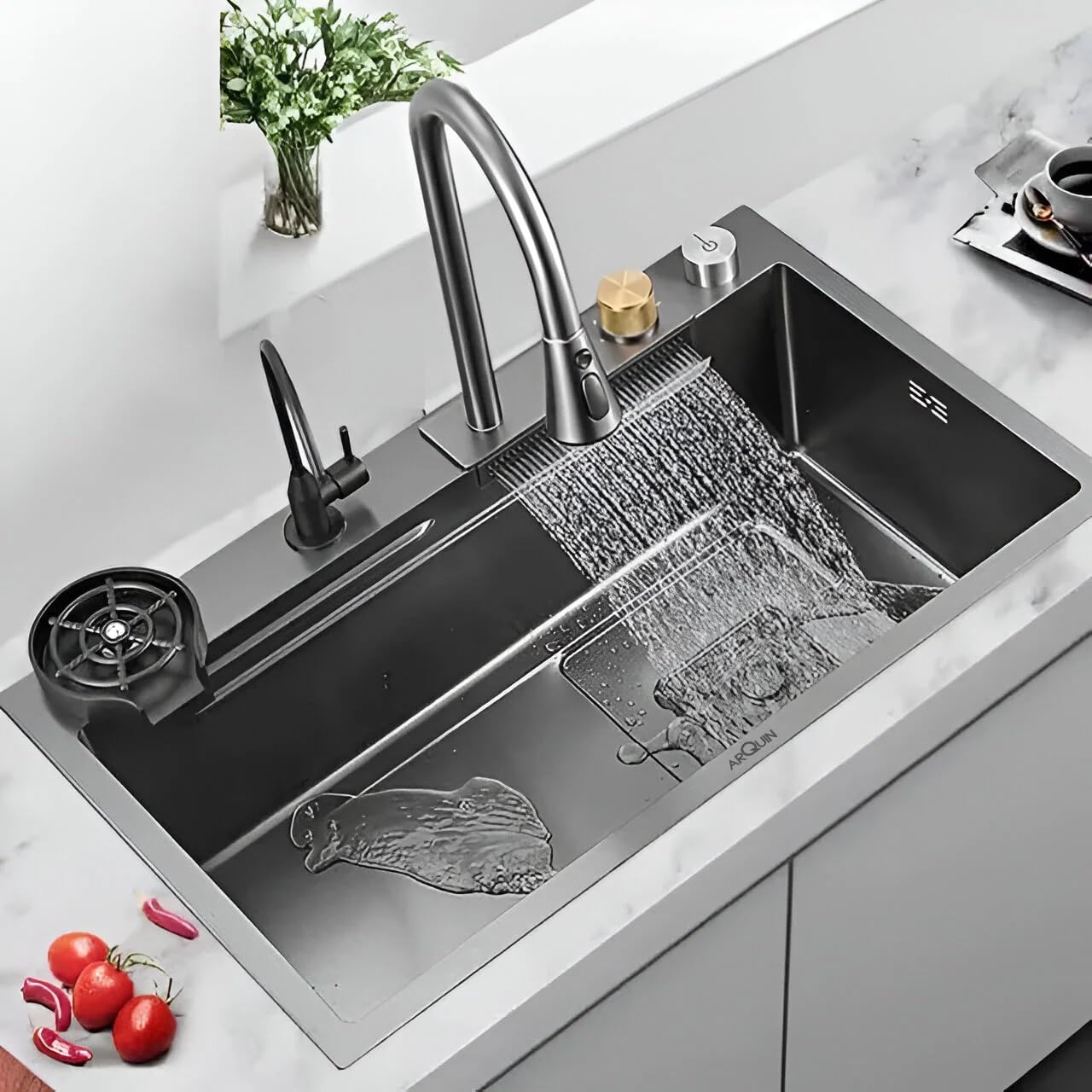 ARQUIN Kitchen Sink 37"x18"x9" Single Bowl Waterfall Sink Integrated Waterfall & Pull-down Faucet Premium Stainless Steel dual Sink with Anti-Scratch Honeycomb Design
