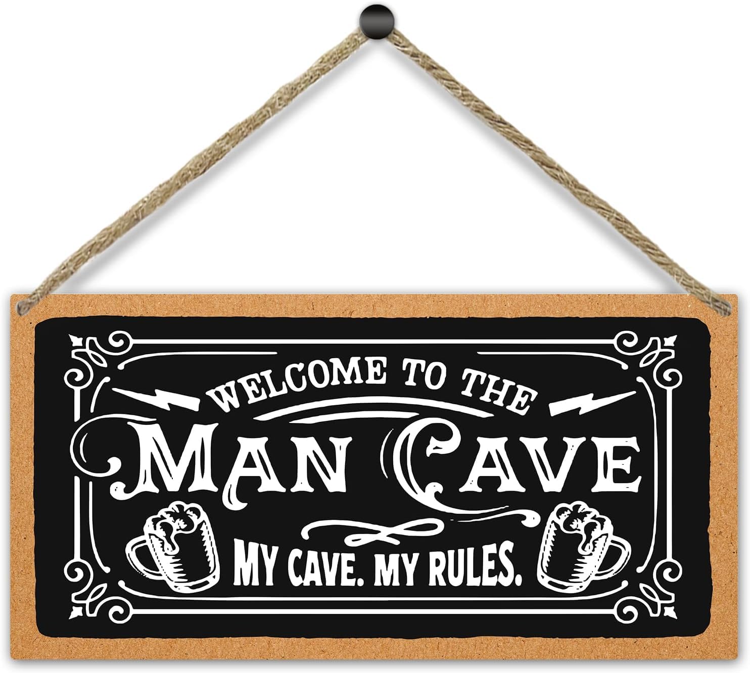 Rustic Hanging Wood Sign for Bar Game Room, Welcome to the Man Cave My Cave My Rule, Home Decor Wall Hanging Plaque with Rope, Door Decor Christmas Party Supplies, Wooden Art Gift for Dad Him 6x12inch-image-8