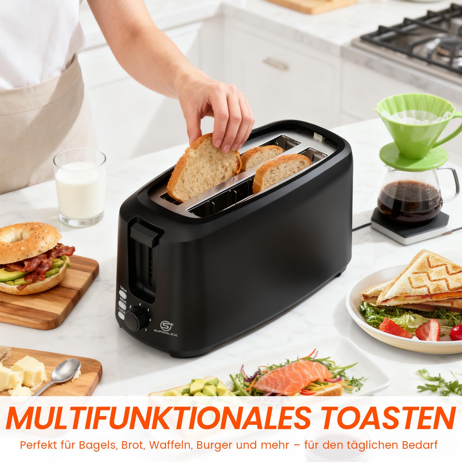 Tostapane a fessura lunga, 4 fette, 1450 W, 7 livelli di doratura, funzione scongelamento, riscaldamento e stop, con inserto per panini e cassetto briciole lavabile, per baguette, pane e