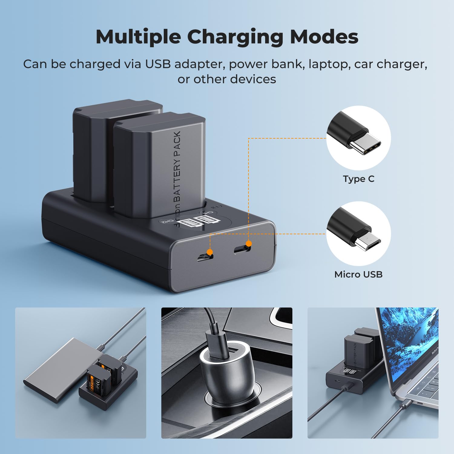 K&F CONCEPT NP-FZ100 o dużej pojemności 2600 mAh, dwa akumulatory i jedna ładowarka, zestaw 2 akumulatorów do aparatów Sony Alpha A7III, A7IV, A7R III/A7R3, A7RIV, A7RV, A7C, A7S III/A7S3, A9, A9II, A