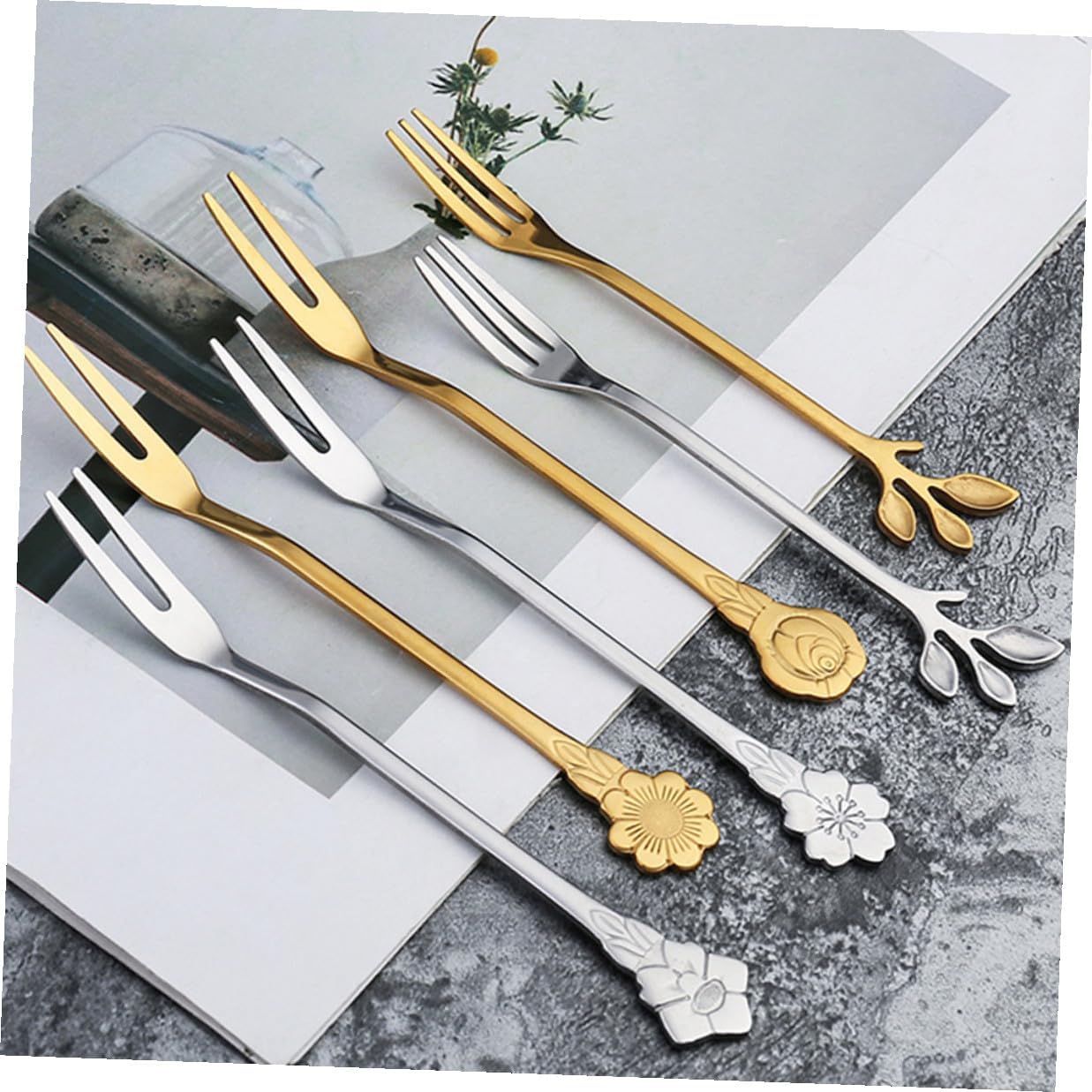 10pcs Titanium Coated Fruit Forks Set Creative Dessert and Cake Forks Unique Floral Designs for Parties and Home Use