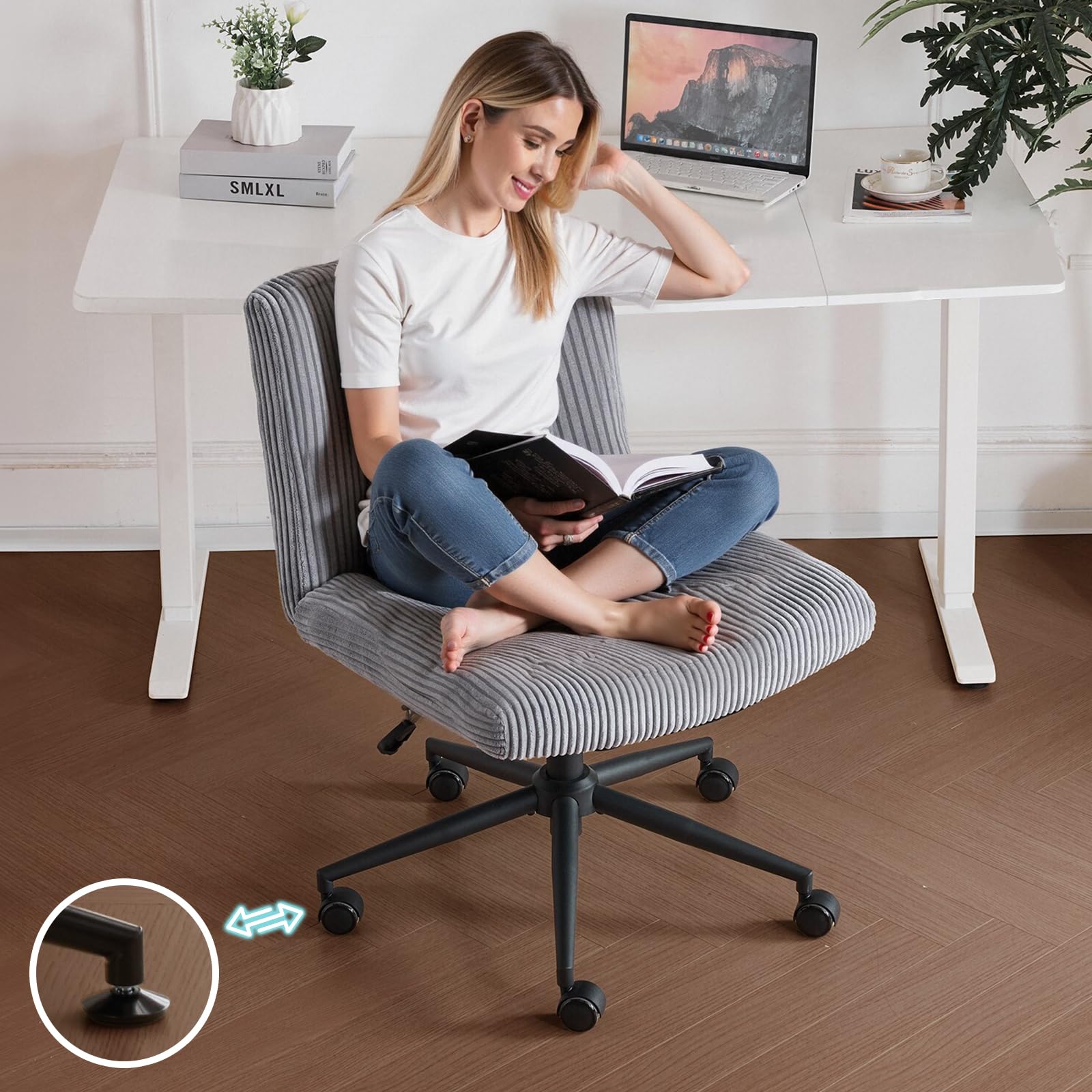 VINGLI Criss Cross Chair,Comfy Corduroy Cross Legged Office Desk Chair with/no Wheels,Cute Vanity Seat,Adjustable Wide Seat,Vintage Swivel Chair for