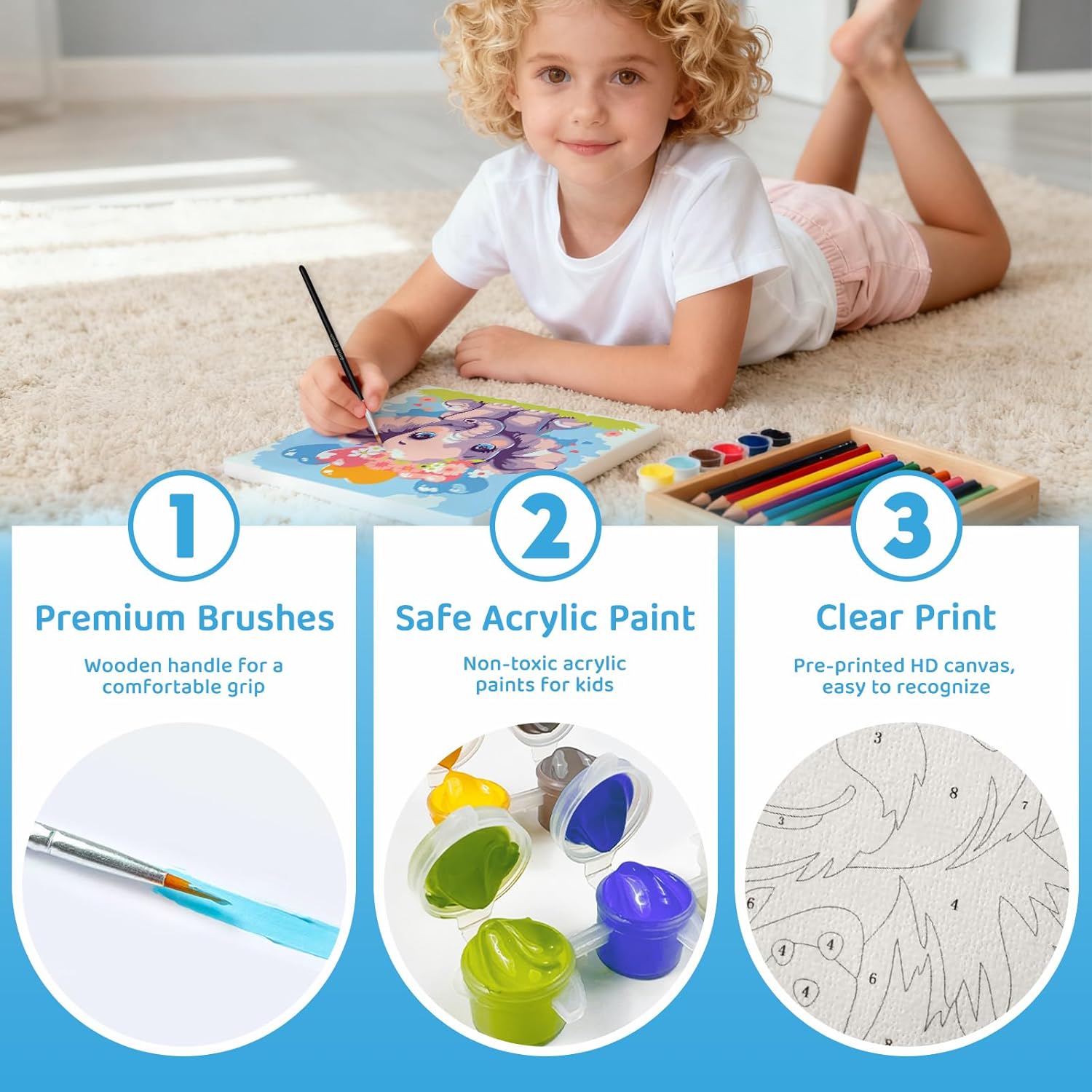 Nariolar 4 Pack Paint by Numbers Kit for Kids Ages 4-8 with 8X8 inch Pre-Printed Canvas,Acrylic Paint Pots and 6 Painting Brushes，Creative Gifts for Kids（Candy Unicorn