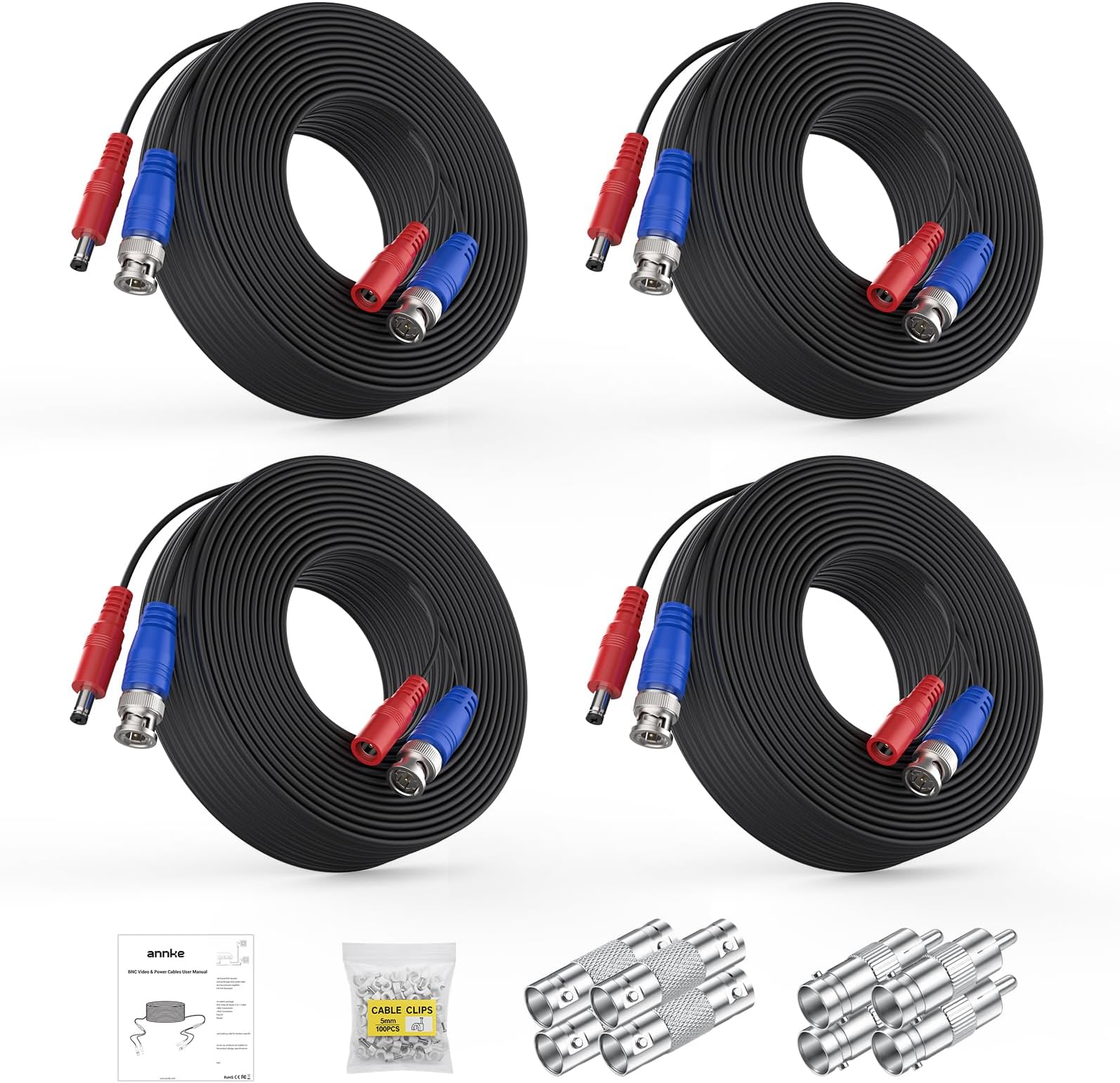 ANNKE 4 Pack 30M/100ft All-in-One Video Power Cables, BNC Extension Surveillance Camera Cables for CCTV Security DVR System Installation, Free 8 x BNC Connectors and 100pcs Cable Clips Included