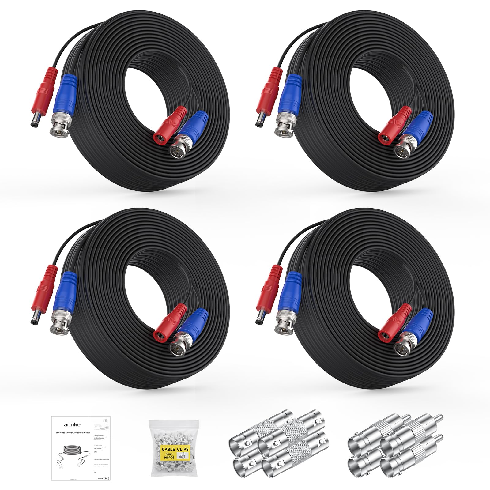 ANNKE 4 Pack 30M/100ft All-in-One Video Power Cables, BNC Extension Surveillance Camera Cables for CCTV Security DVR System Installation, Free 8 x BNC Connectors and 100pcs Cable Clips Included