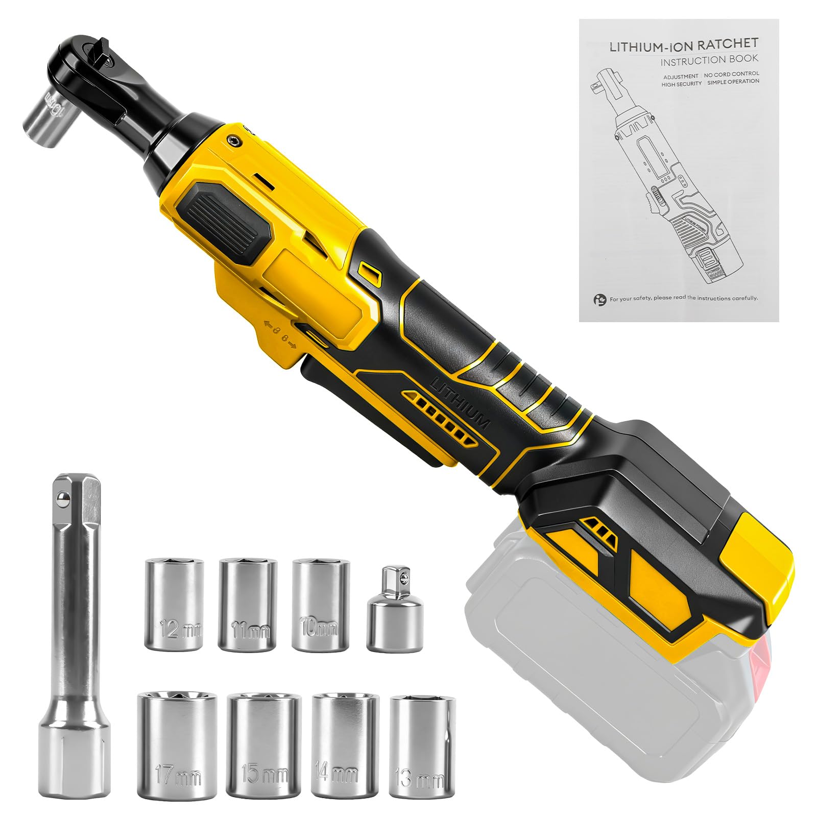 Llave de trinquete inalámbrica de 3/8", compatible con batería Dewalt 20V (sin batería), 80 Nm, trinquete eléctrico sin escobillas con adaptador de 1/4", varilla de extensión y 7 enchufes