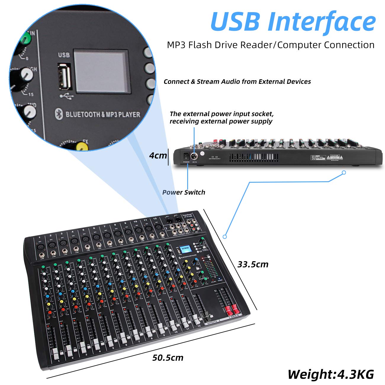 Depusheng DT12 Studio Audio Mixer 12Channel DJ Sound Controller