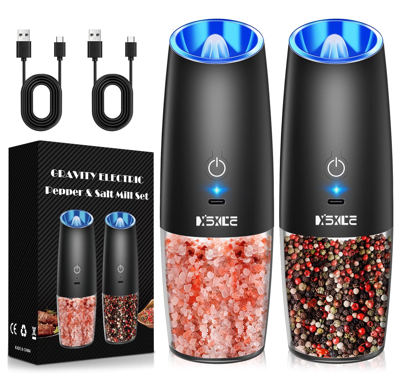 Rechargeable Pepper and Salt Grinder Set, whit Gravity Sensing Switch and LED Light, One Hand Automatic Operation -2 Pack/Black