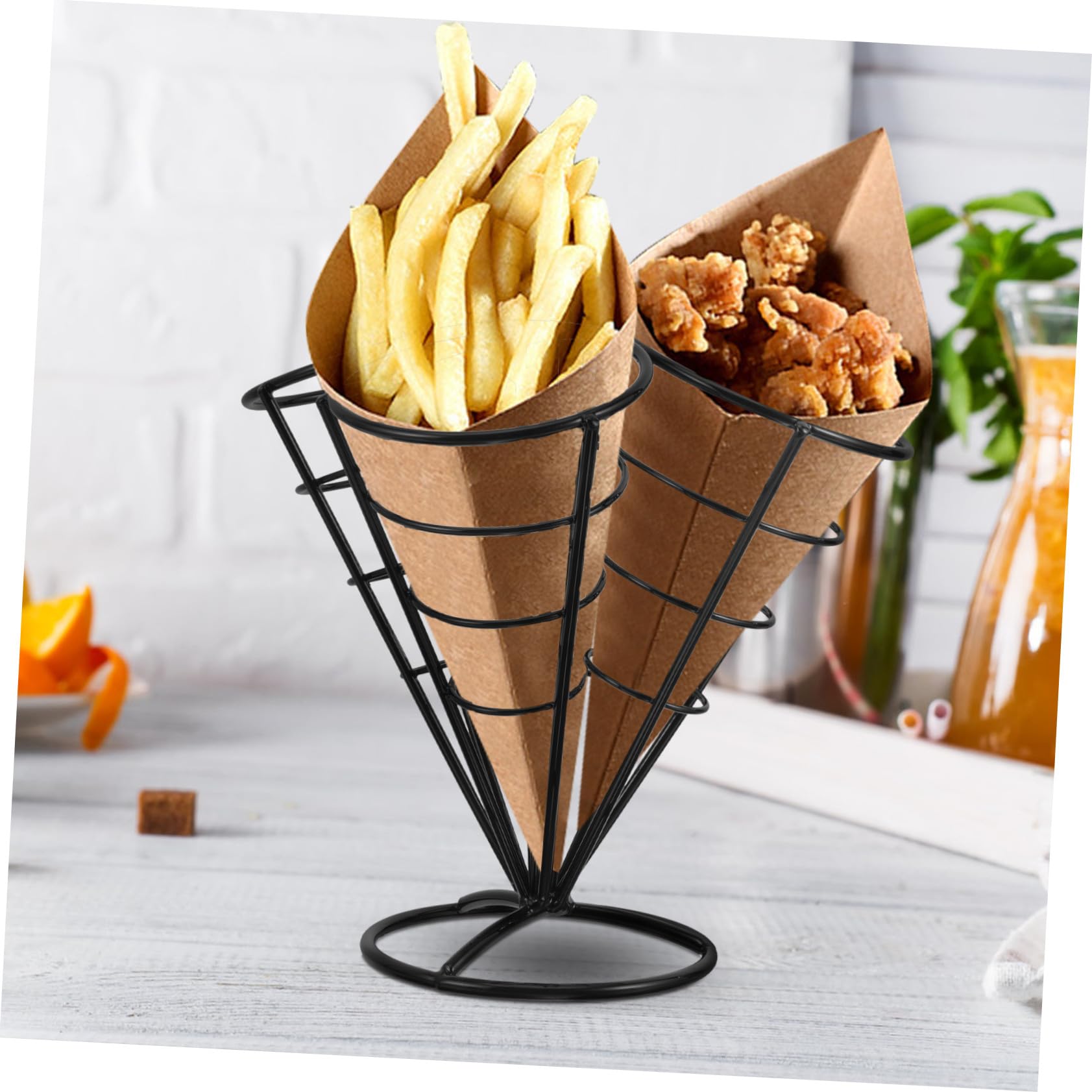 Cestino Porta Patatine Fritte in Acciaio Inossidabile Supporto Snack per Patatine Pollo e Pesce Fritto Espositore Stile Cono Nero Brillante per Feste e Banqueting