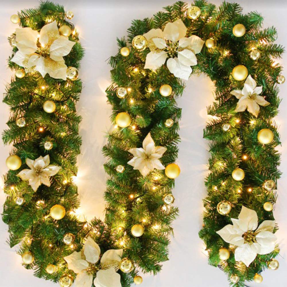 Christmas Garland with Lighting, 270 cm, Warm White Christmas Garland, Artificial Christmas Decoration Garland for Interior Decoration, Fireplaces, Stairs, Wall Door Home Decorations