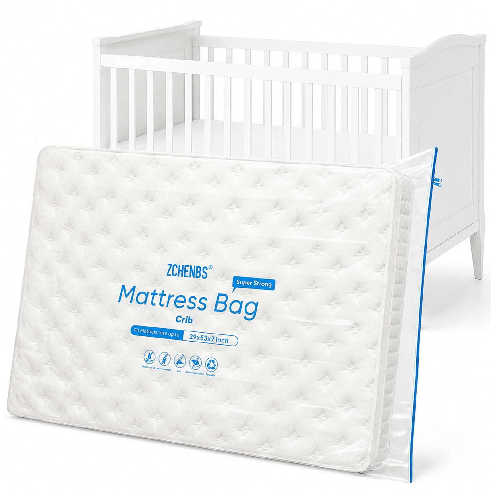 ZCHENBS® - Crib Mattress Bags for Moving, Waterproof Mattress Storage Bag with Zipper, Heavy-Duty 5 Mil Thick Toddler Bed Cover for Storage, Mini Plastic Bag (Transparent/Blue, 1 Pack)