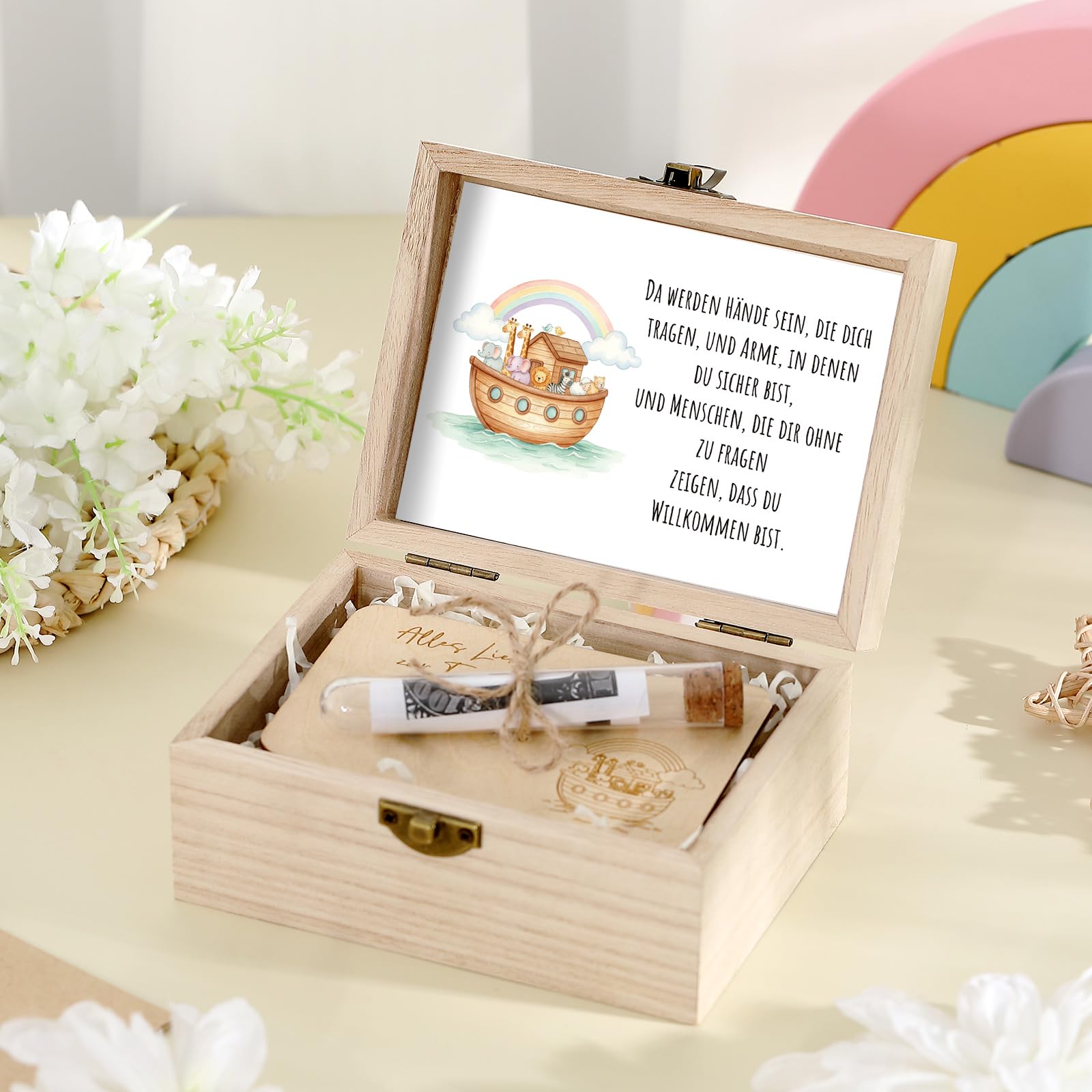 Namalu 4er Set Taufe Geldgeschenk Holzbox mit Regenbogen und Tier Arche Noah Reagenzglas Holzsplitter Grußkarte und Raffia Gras Geldgeschenk Verpackung für Party Gäste Taufe Deko