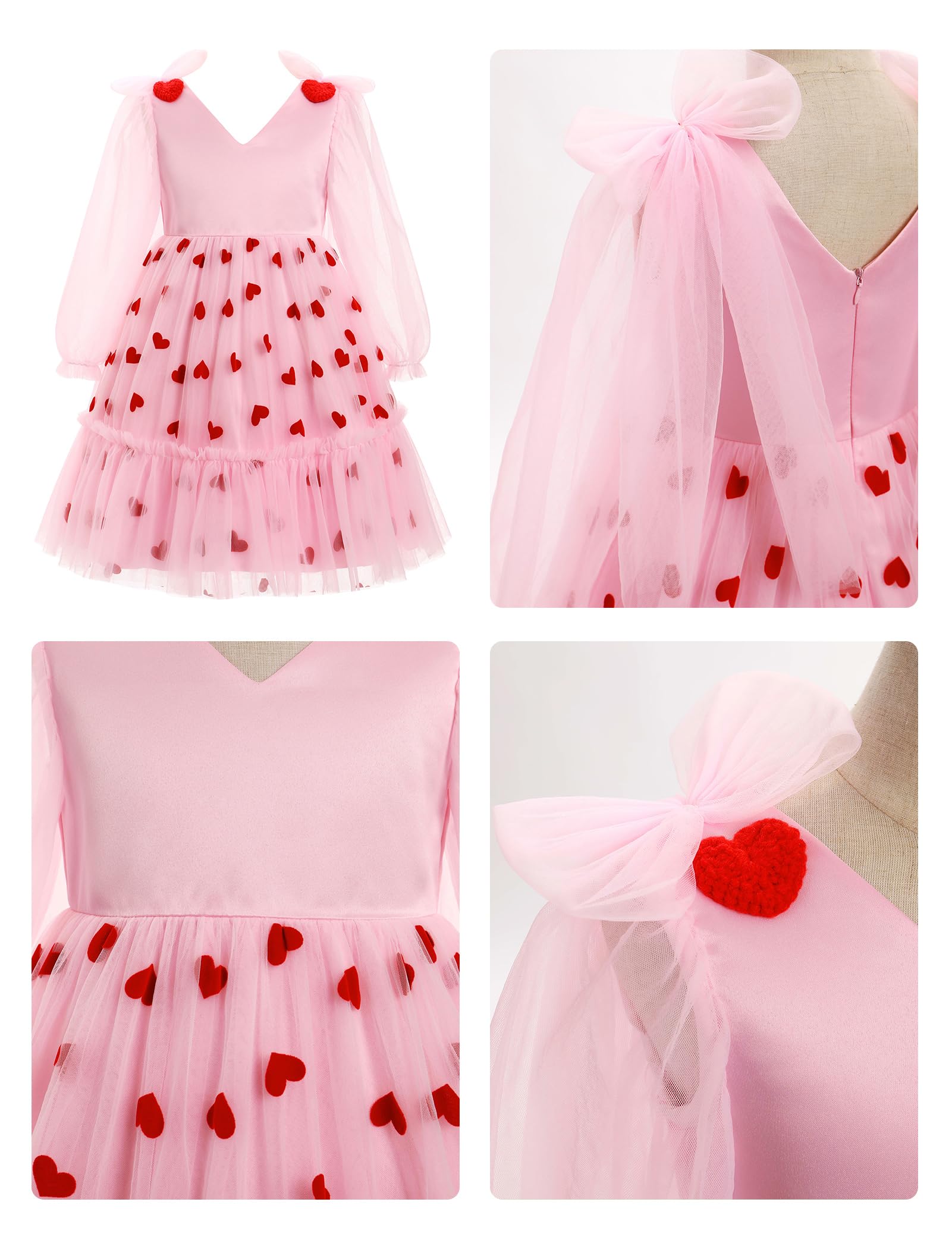 OBEEII Mädchenkleid aus Netzstoff, langärmelig, Erdbeere, Herzen, Kirsche, Tüll, Blumenmädchen, Hochzeit, Festzug, Geburtstag, Partykleid