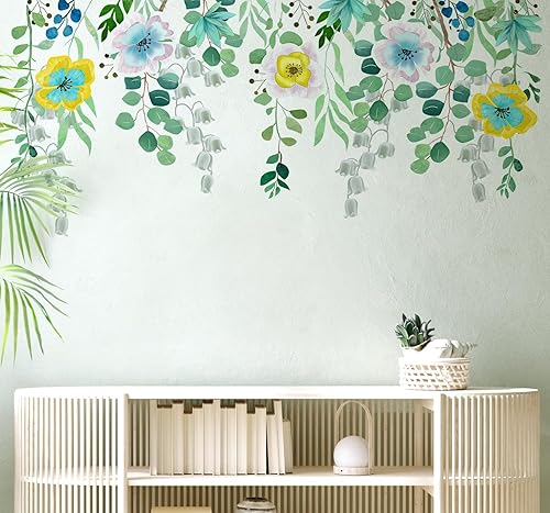 Calcomanías de pared de flores colgantes para despegar y pegar, calcomanías de pared de vinilo de hojas florales grandes, vid extraíble, decoración