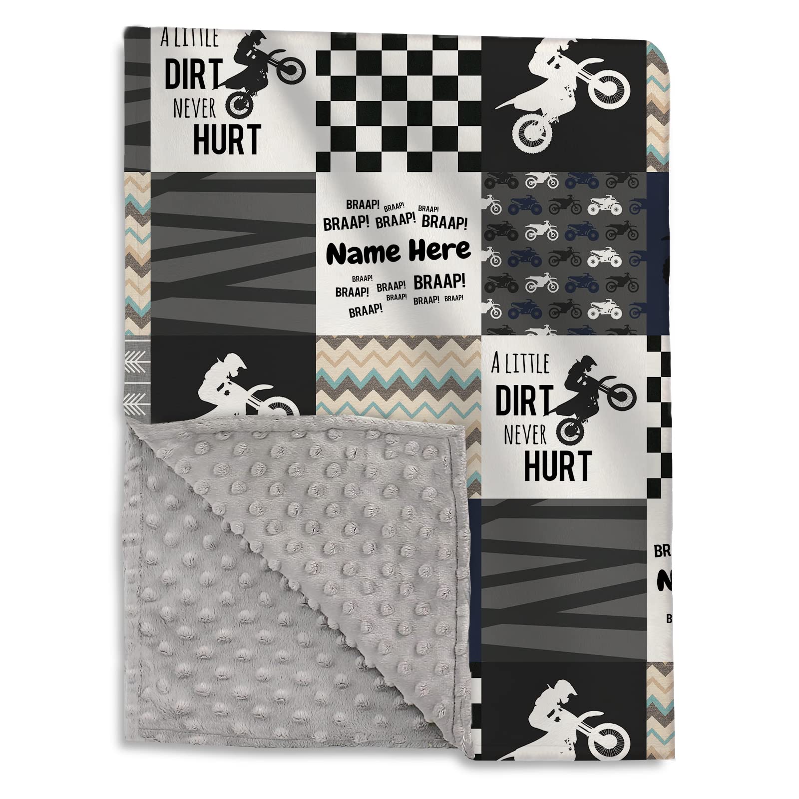 Personalized Motocross Dirt Bike Minky Baby Blankets with Name, Custom Motorcycle Soft and Cozy Blanket for Boys Kids - Neutral Motocross Baby Plaid Blanket for Infant Newborn