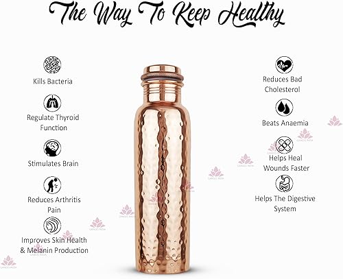Miniatura 9 de Gangesindia Botella de agua de cobre puro, diseño tradicional martillado, (1 litro34 onzas), recipiente hecho a mano para beneficios de salud Ayuveda