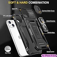Vista 3 de Funda resistente para Apple iPhone 14, protección híbrida de goma de doble capa de grado militar con protector de cámara deslizante, soporte Negro