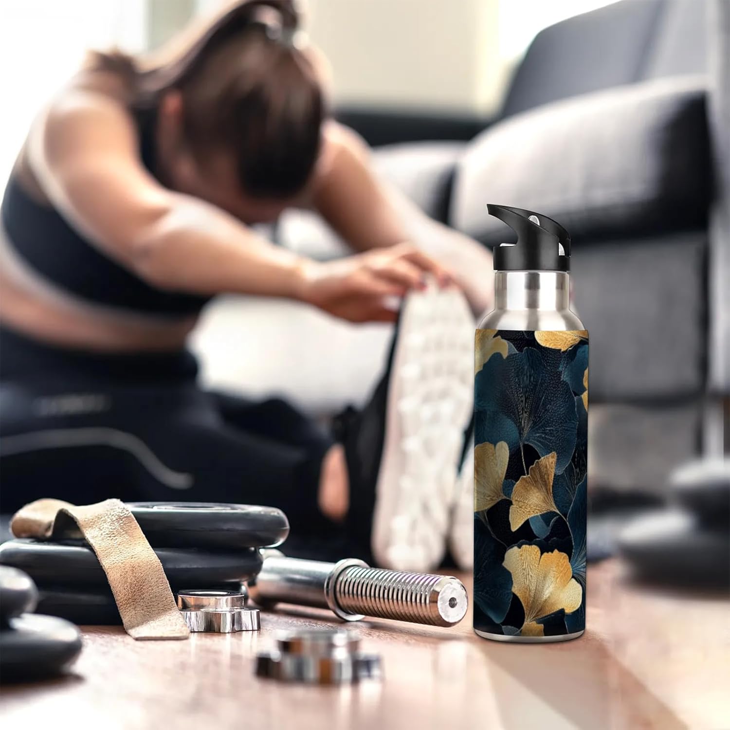 Golden Ginkgo Vacuum Insulated Water Bottle Dark Blue Leaves Reusable Insulated Cups Leakproof Flip Straw Sports Bottles Cold Flask for Gym Outdoor Camping Travel 20 Oz