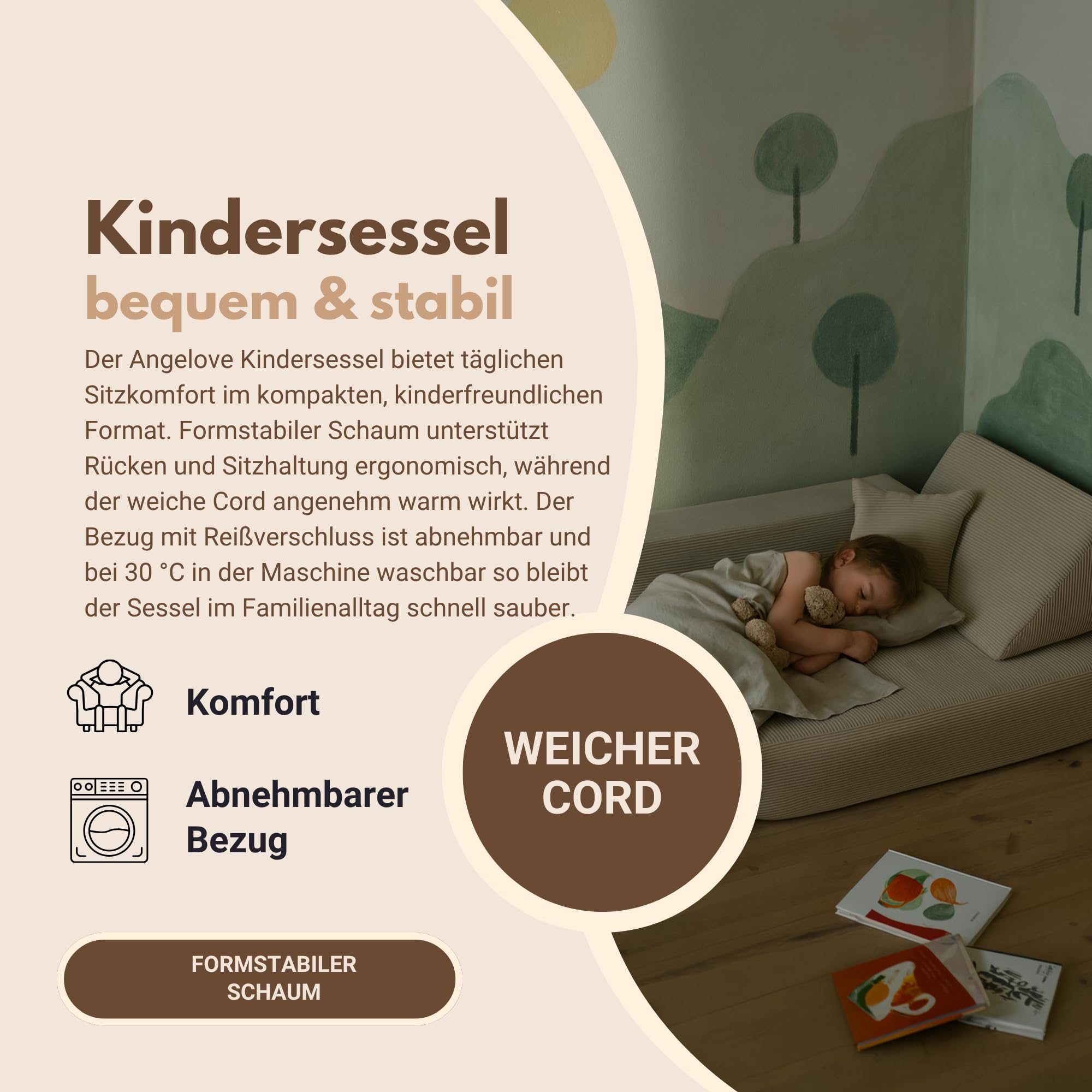 Angelove Kindersessel 3‑in‑1 - Faltbare Kindercouch & Spielmatratze aus Cord, Bequemer Spielsofa‑Sessel ab 1 Jahr, Beige