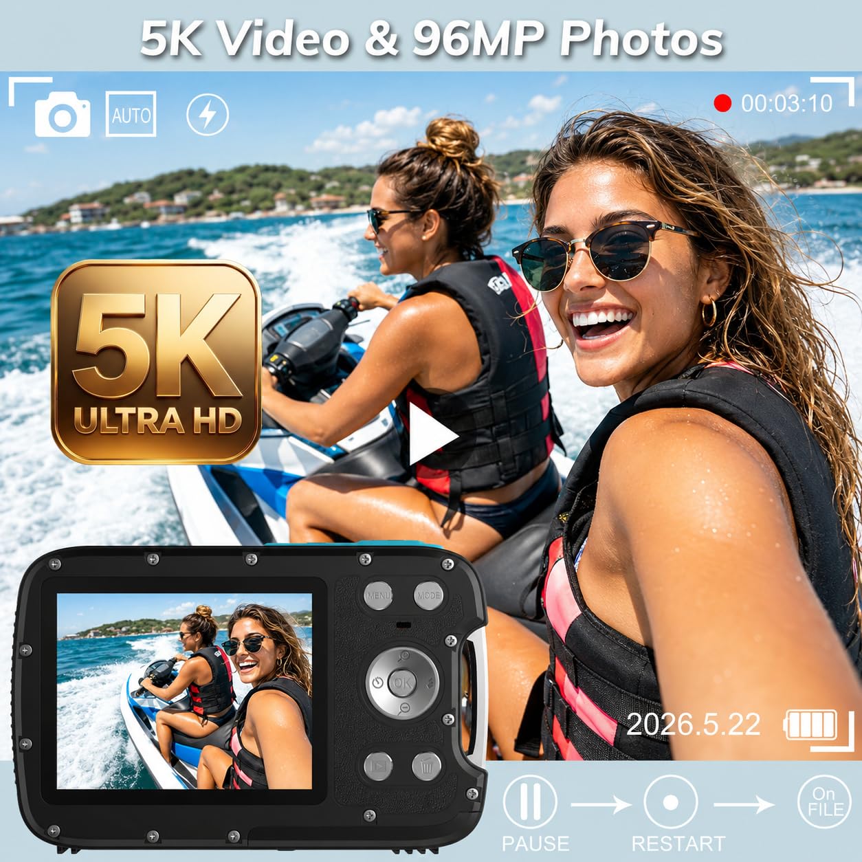 Fotocamera subacquea impermeabile 5K da 9,9 m con autofocus e doppio schermo, perfetta per snorkeling, vlogging, selfie e viaggi, facile da usare, fotocamera compatta per adolescenti, adulti e